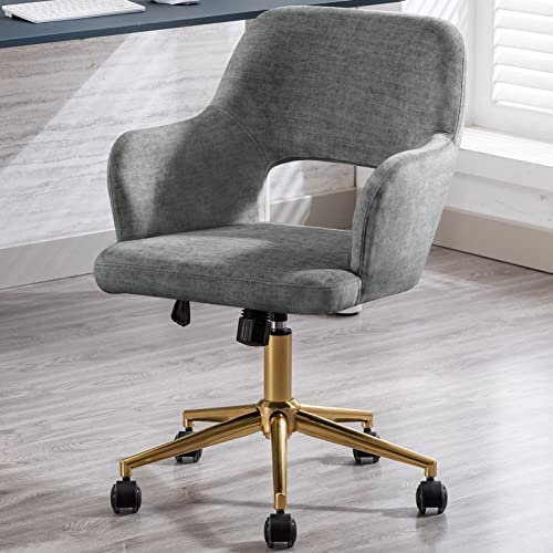 DUHOME Ergonomic Home Office Desk Chair with Wheels - Adjustable Swivel Fabric Computer Chair with Hollow Mid-Back Backrest, Comfortable Task Chair for Working, Studying & Gaming - Perfect for Office, Living Room & Bedroom (Light Grey with Golden Base)