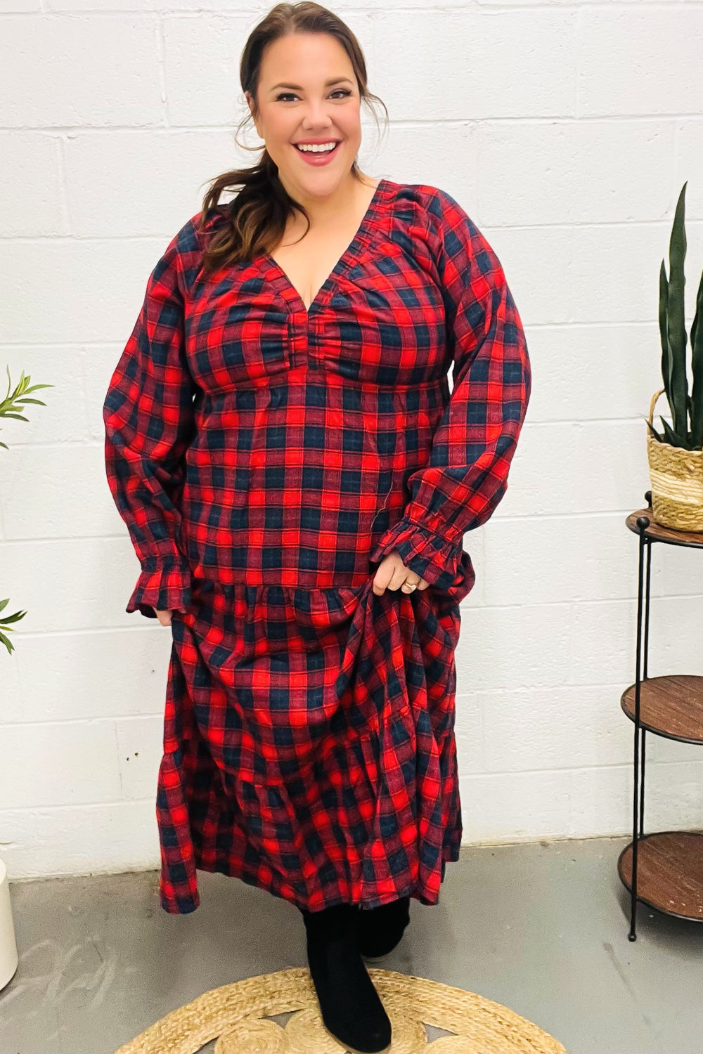 Stylish Red Plaid Elastic V-Neck Tiered Maxi Dress for Women | Flowy Long Summer Dress | Perfect for Beach, Vacation & Casual Outings