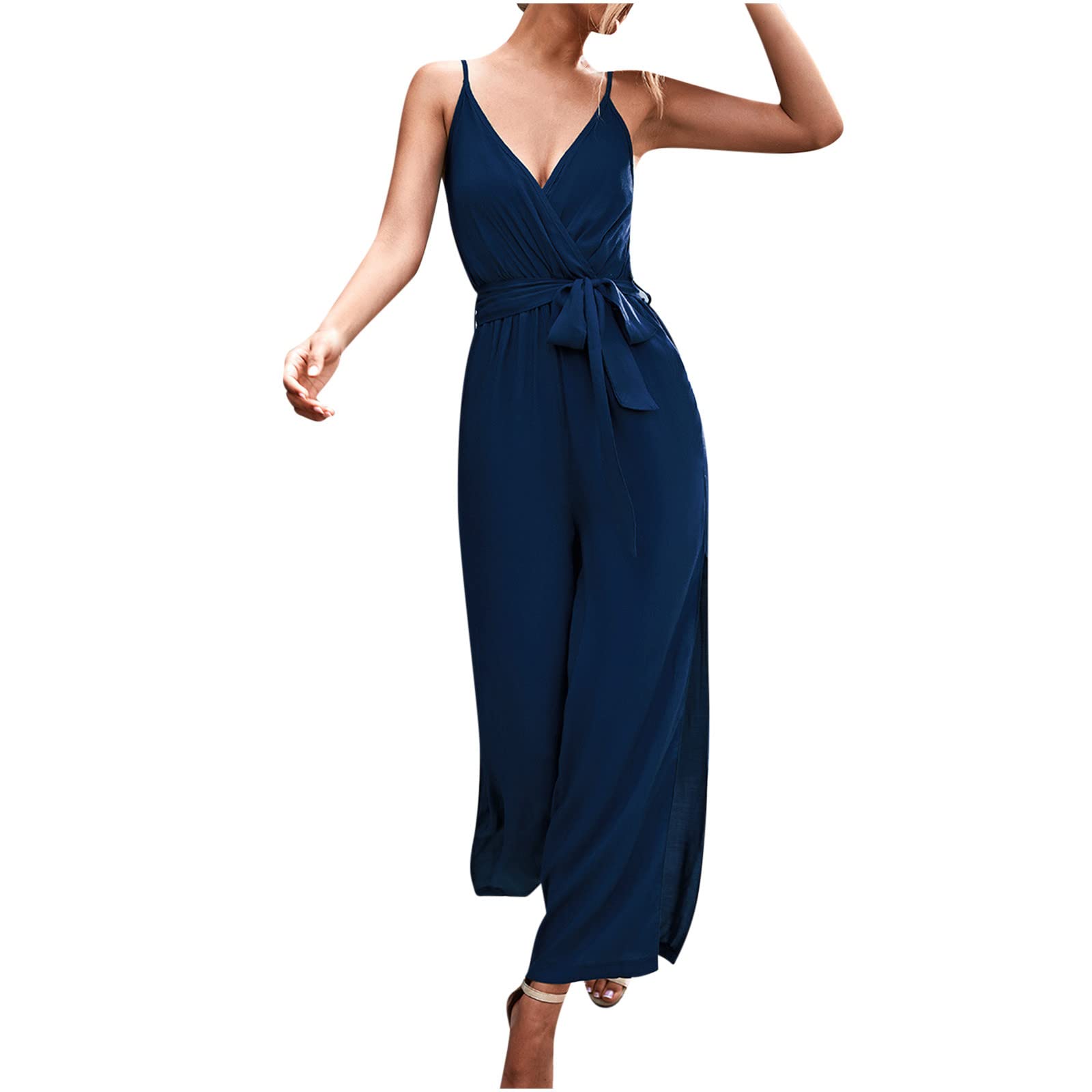 Posijego Women's V-Neck Overalls – Sleeveless Strap Jumpsuit with Side Slit | Casual One-Piece Romper | 2022 Trendy Outfit for Summer, Travel & Streetwear (Style A3)