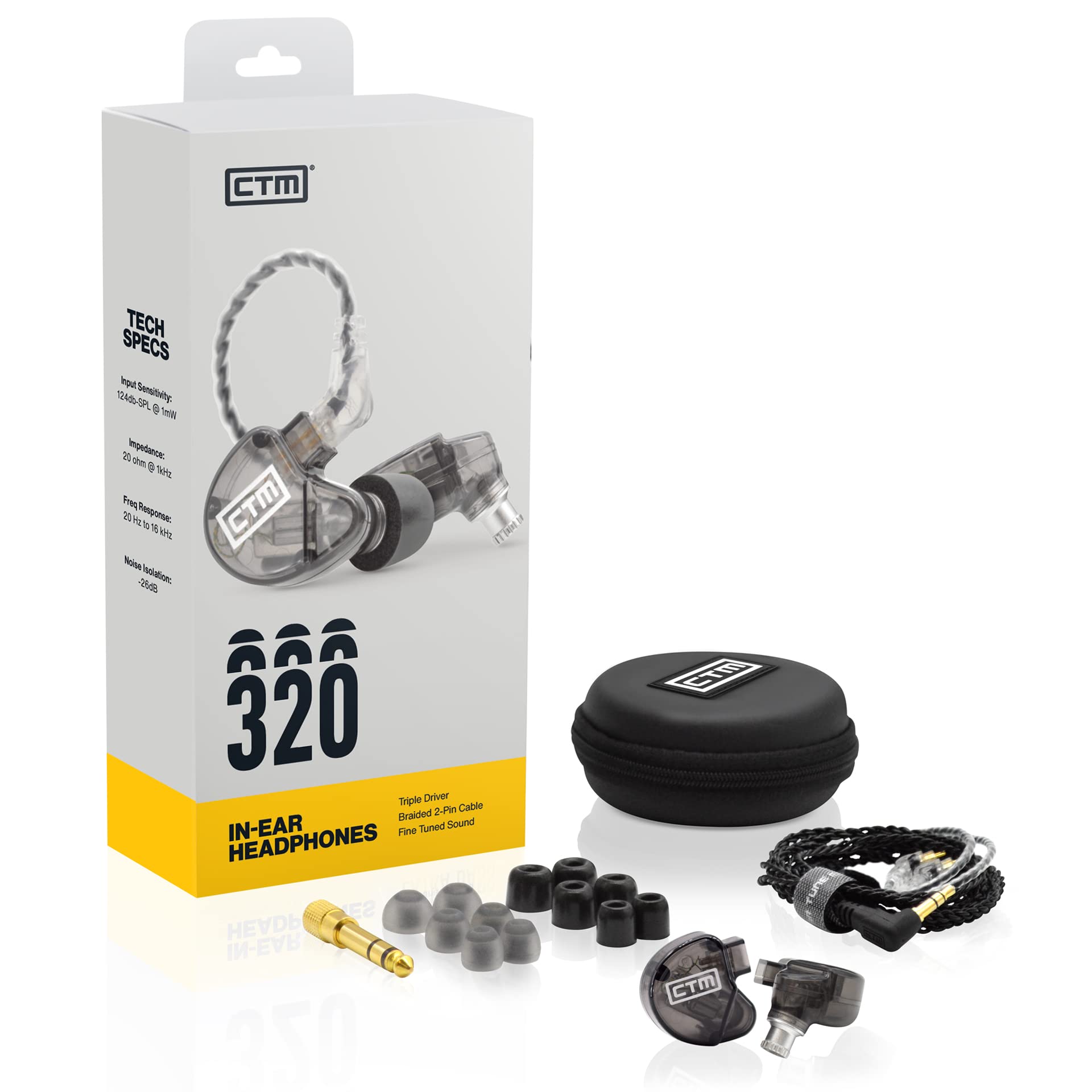 CTM CE320 Triple Driver in-Ear Monitor - Professional Noise Isolating Wired Earbuds with Detachable Cable (Smoke) | Perfect for Musicians, Audiophiles & Studio Recording