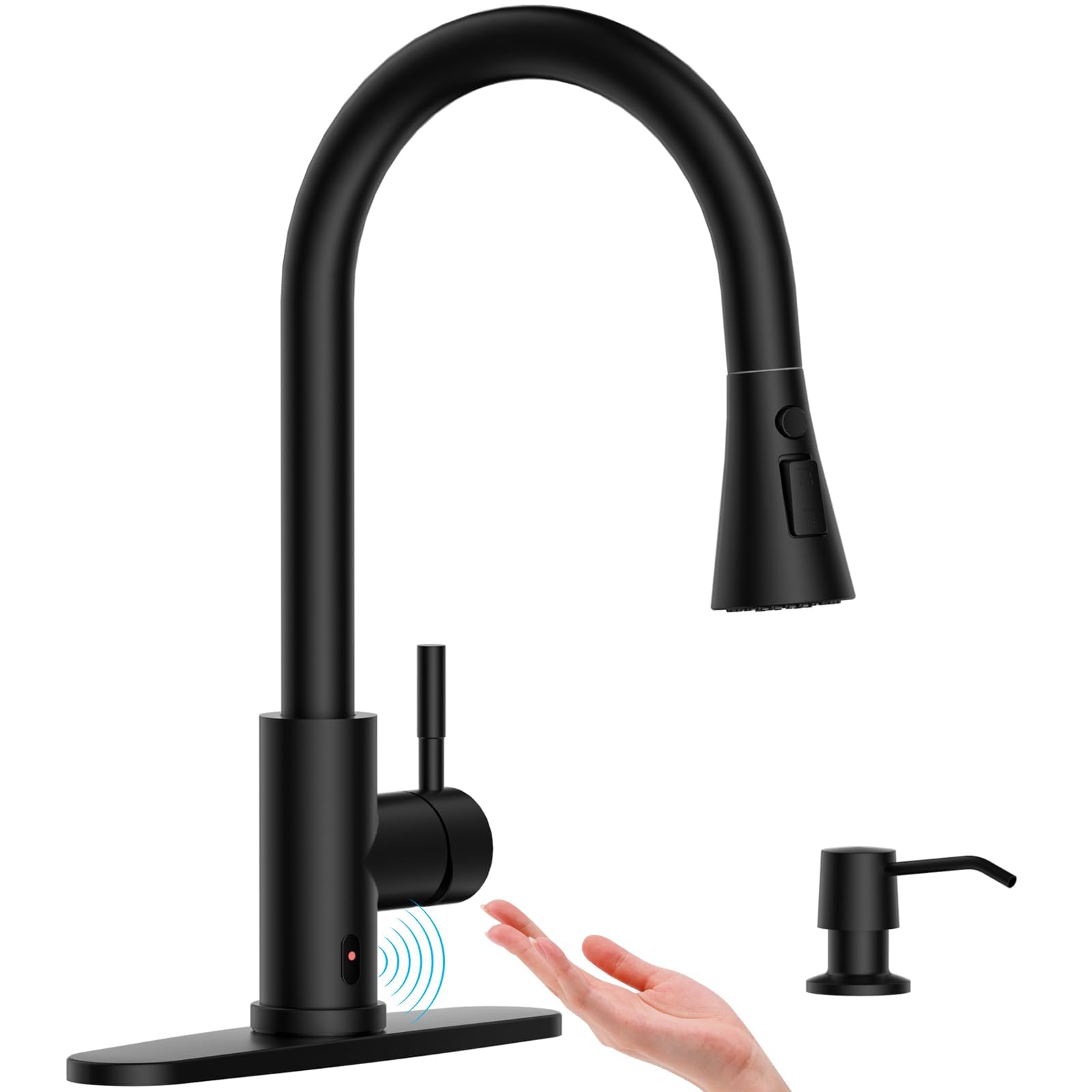 APPASO Touchless Kitchen Faucet with Motion Sensor - Matte Black Hands-Free Faucet with Soap Dispenser & Pull Down Sprayer (3 Spray Modes), S304 Stainless Steel for Modern Kitchens - Perfect for Busy Cooks, Family Homes & Commercial Use