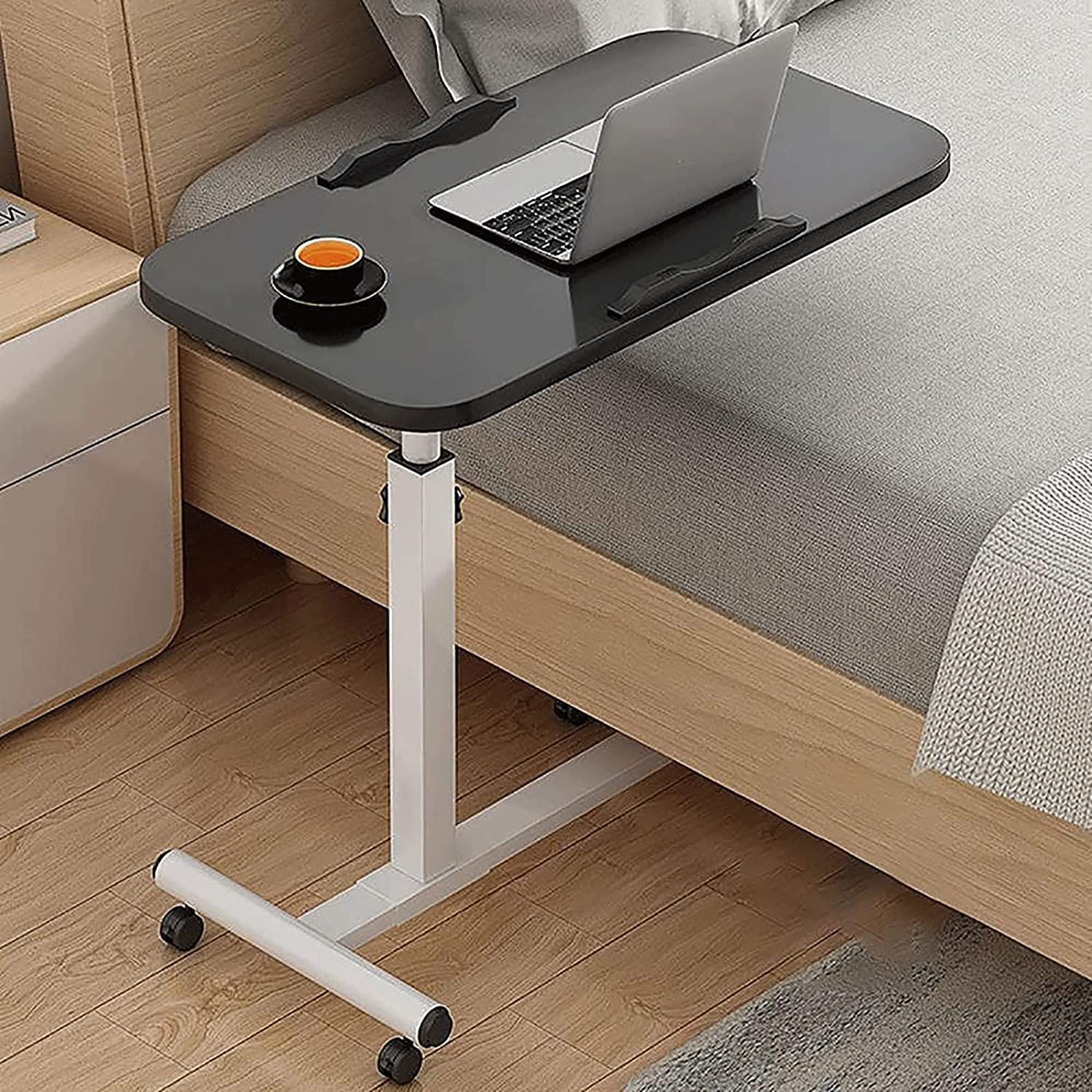 Foldable Overbed Table with Adjustable Height - Portable Rolling Laptop Desk for Working, Dining & Reading - Ideal for Hospital, Home Office & Bedroom Use (Black)
