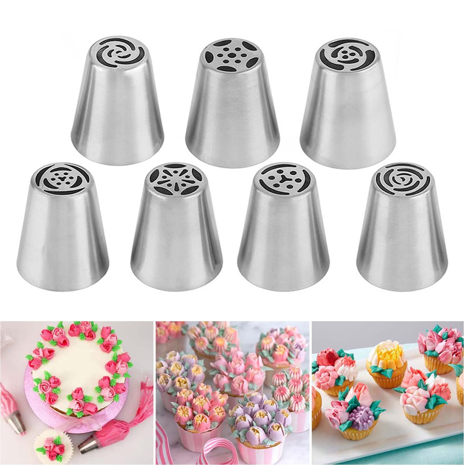 Suuker Russian Piping Tips Set - 7 Piece Stainless Steel Cupcake Decorating Kit with Flower Shaped Frosting Nozzles | Professional Baking Tools for Cakes, Cookies & Pastry Decor | Perfect for Birthday Parties, Wedding Cakes & Home Baking