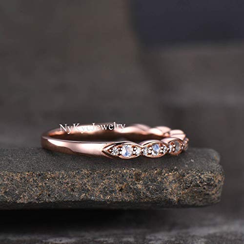 Natural Rainbow Moonstone Ring - Handmade Sterling Silver & Rose Gold Half Eternity Wedding Band | Anniversary Gift for Her | Perfect for Bridal Jewelry, Boho Fashion & Special Occasions