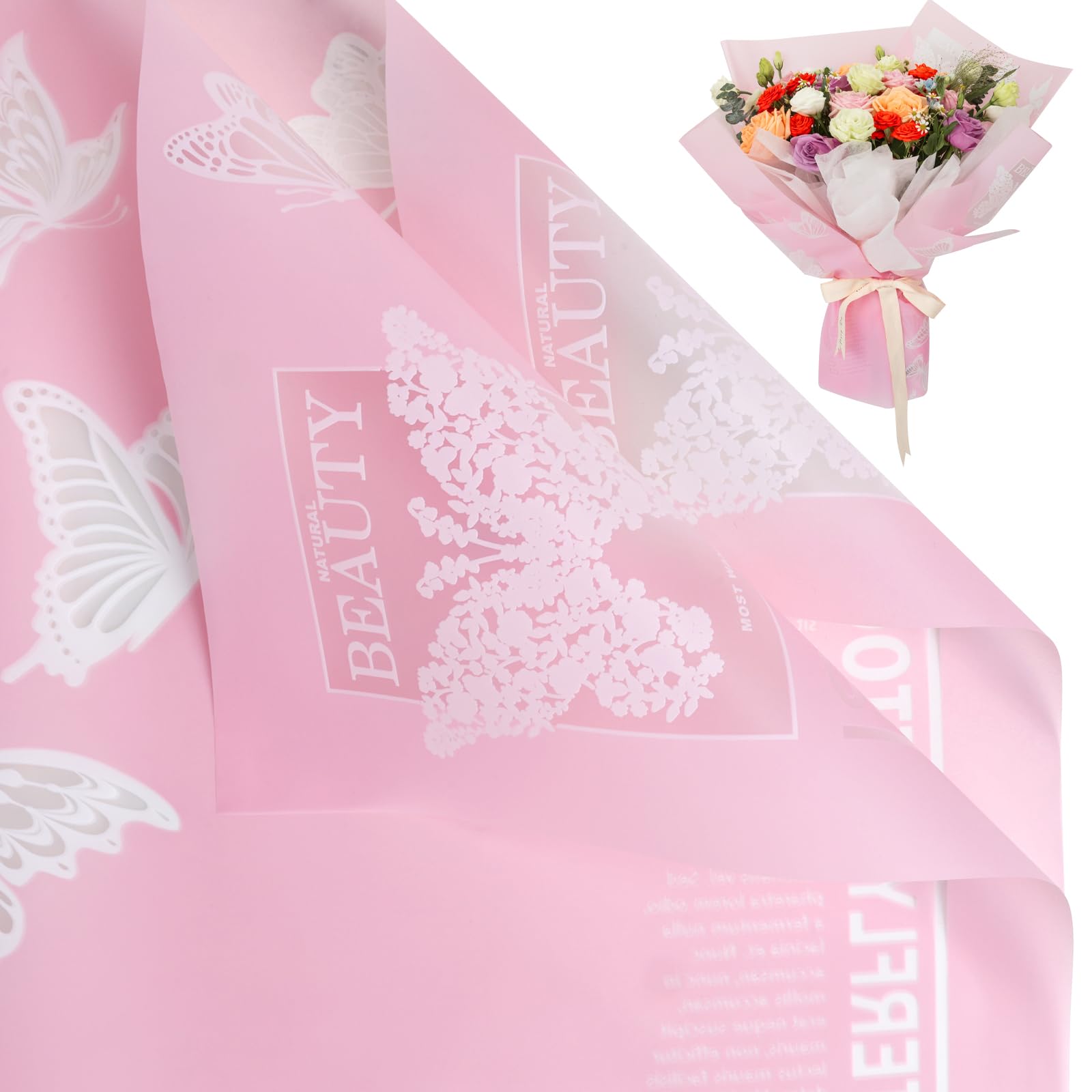 20 Sheet Waterproof Floral Wrapping Paper - Bulk Bouquet Packaging for Wedding, Birthday Gifts & DIY Crafts | Butterfly Pink Design | Perfect for Florists, Event Decor, and Gift Presentation