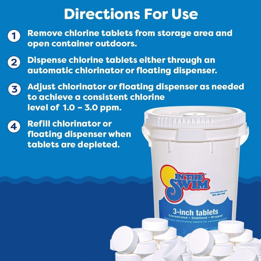 In The Swim 3-Inch Stabilized Chlorine Tablets for Swimming Pools – Slow Dissolving, 90% Available Chlorine, Tri-Chlor Sanitizer – Individually Wrapped – 25 lb Bucket – Perfect for Weekly Pool Maintenance & Water Sanitization