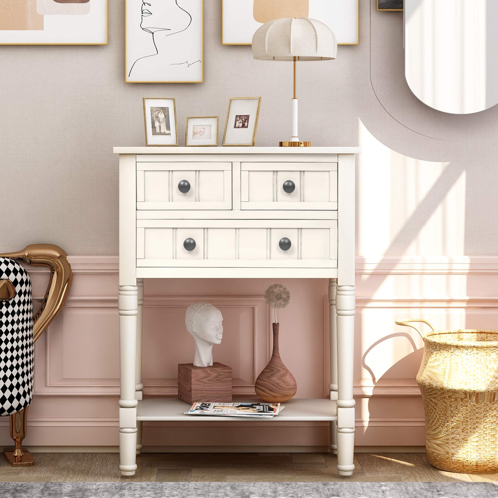 Narrow Console Table with 4 Storage Drawers & Bottom Shelf - Solid Wood Sofa Table, Entryway Table, Sideboard for Living Room, Hallway - Easy Assembly (White) - Perfect for Small Spaces & Home Organization
