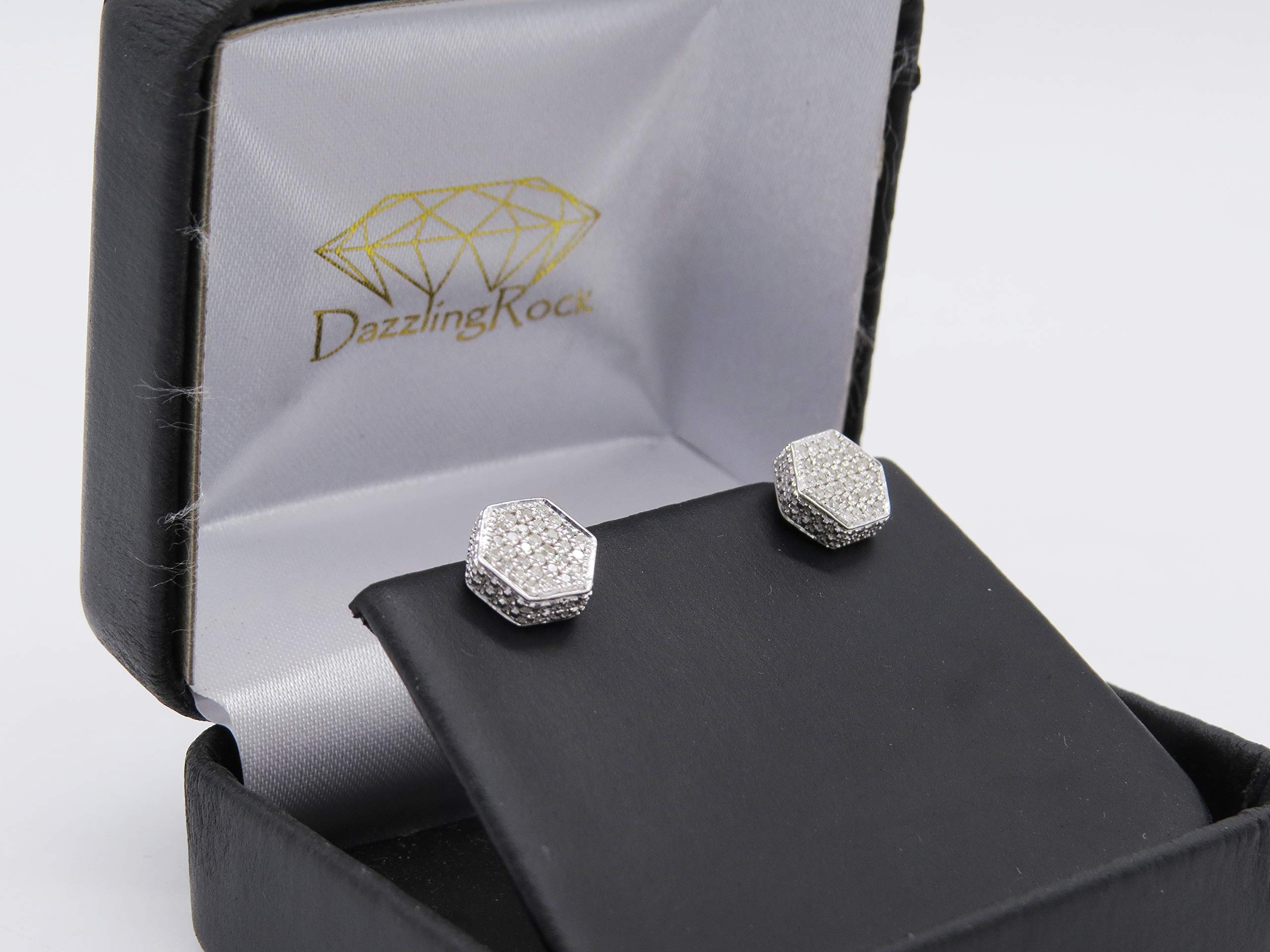 Dazzlingrock Collection Sterling Silver Men's Round Diamond Hexagon Cluster Stud Earrings 1/5 CTW - Perfect for Gifts, Weddings & Special Occasions