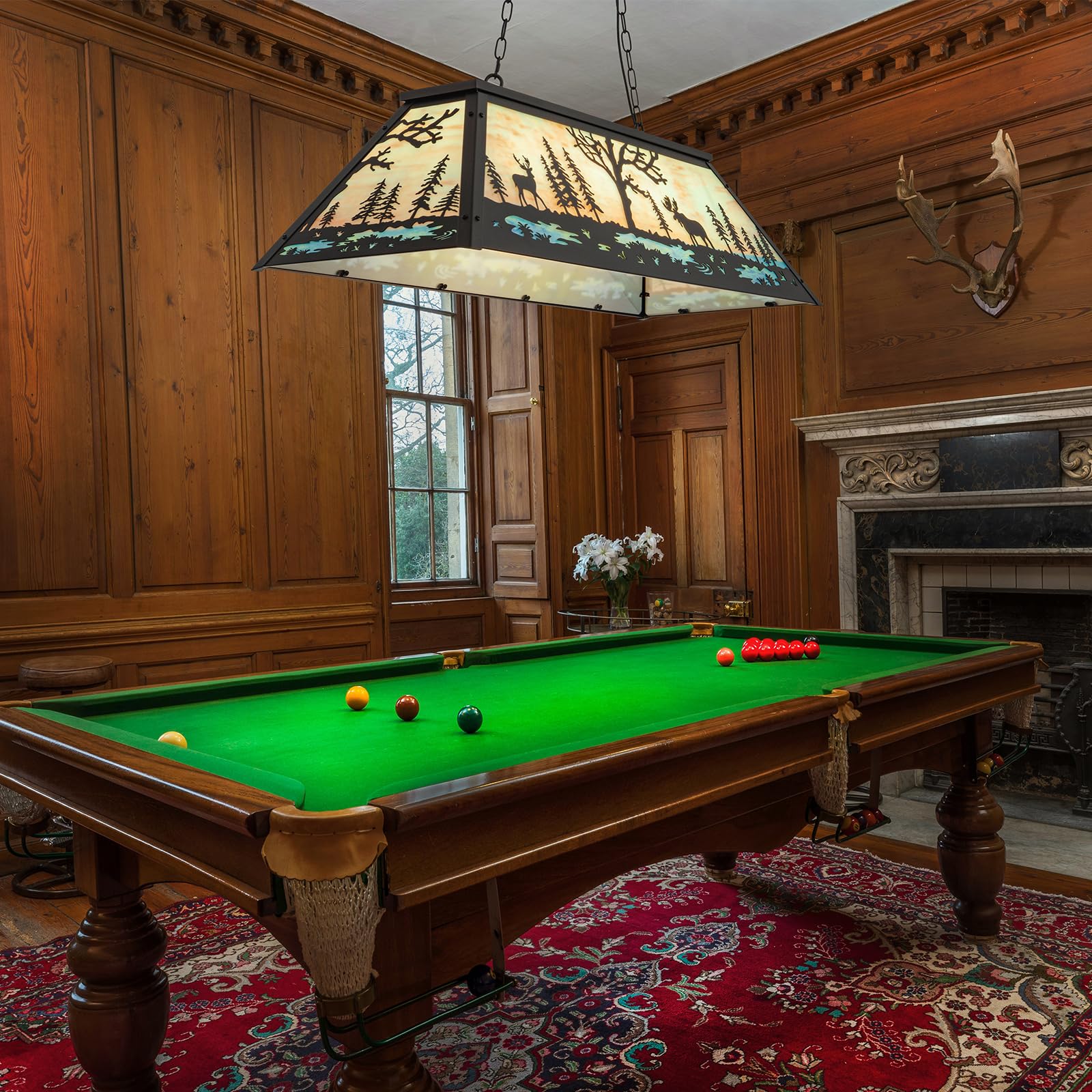 Wellmet 47in Tiffany Pool Table Light - Rustic 4-Light Billiard Hanging Fixture for 7' 8' 9' Pool Tables, Farmhouse Chandelier for Snooker Tables, Game Rooms, Dining Rooms, Kitchen Islands, and Cabin Decor