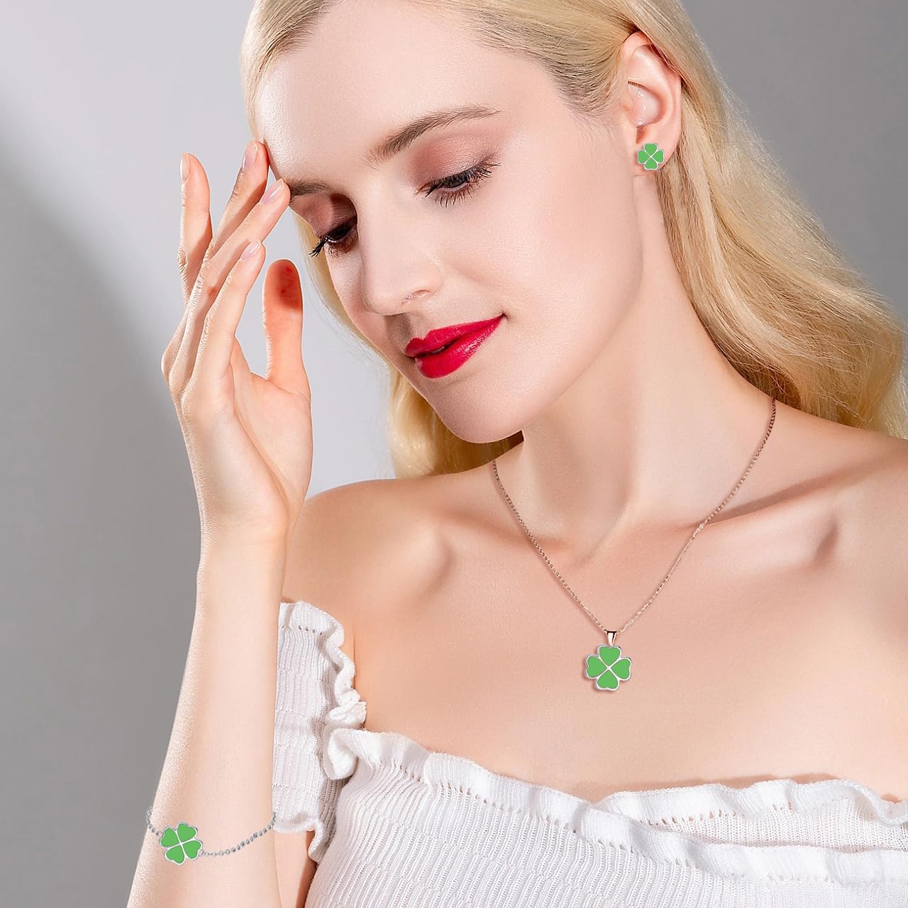 Cangall 3PCS 925 Sterling Silver Four Leaf Clover Jewelry Set - Lucky Love Shamrock Necklace, Bracelet & Earrings for Women | Perfect Gift for Birthday, Christmas, Anniversary & Everyday Wear