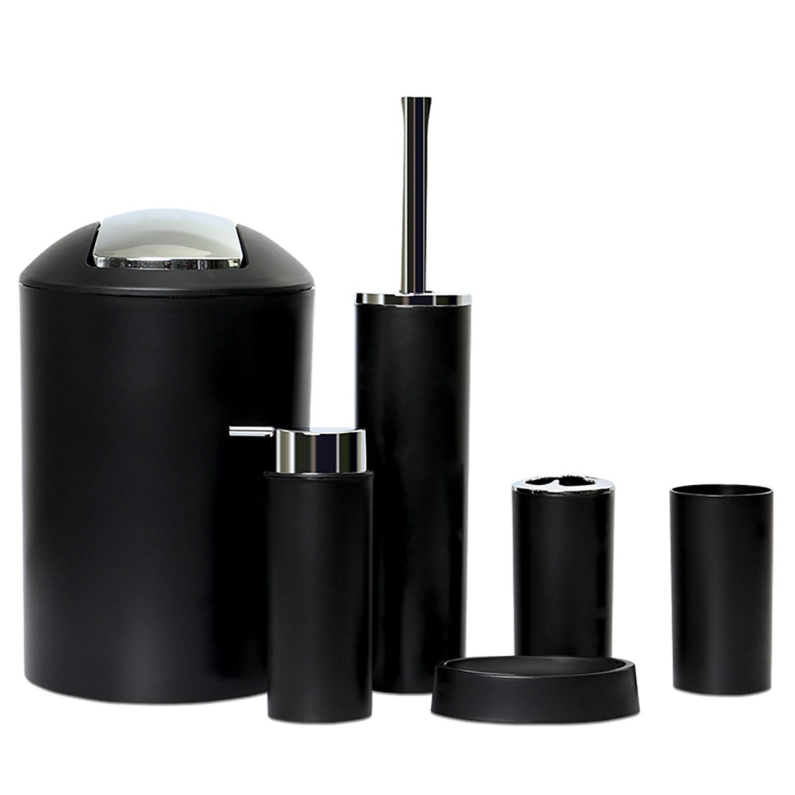 Black Plastic Bathroom Accessories Set - 6 Piece Toilet Storage Organizer with Toothbrush Holder, Soap Dish & Mouthwash Cup | Modern Bathroom Decor for Home, Apartment & Dorm Use