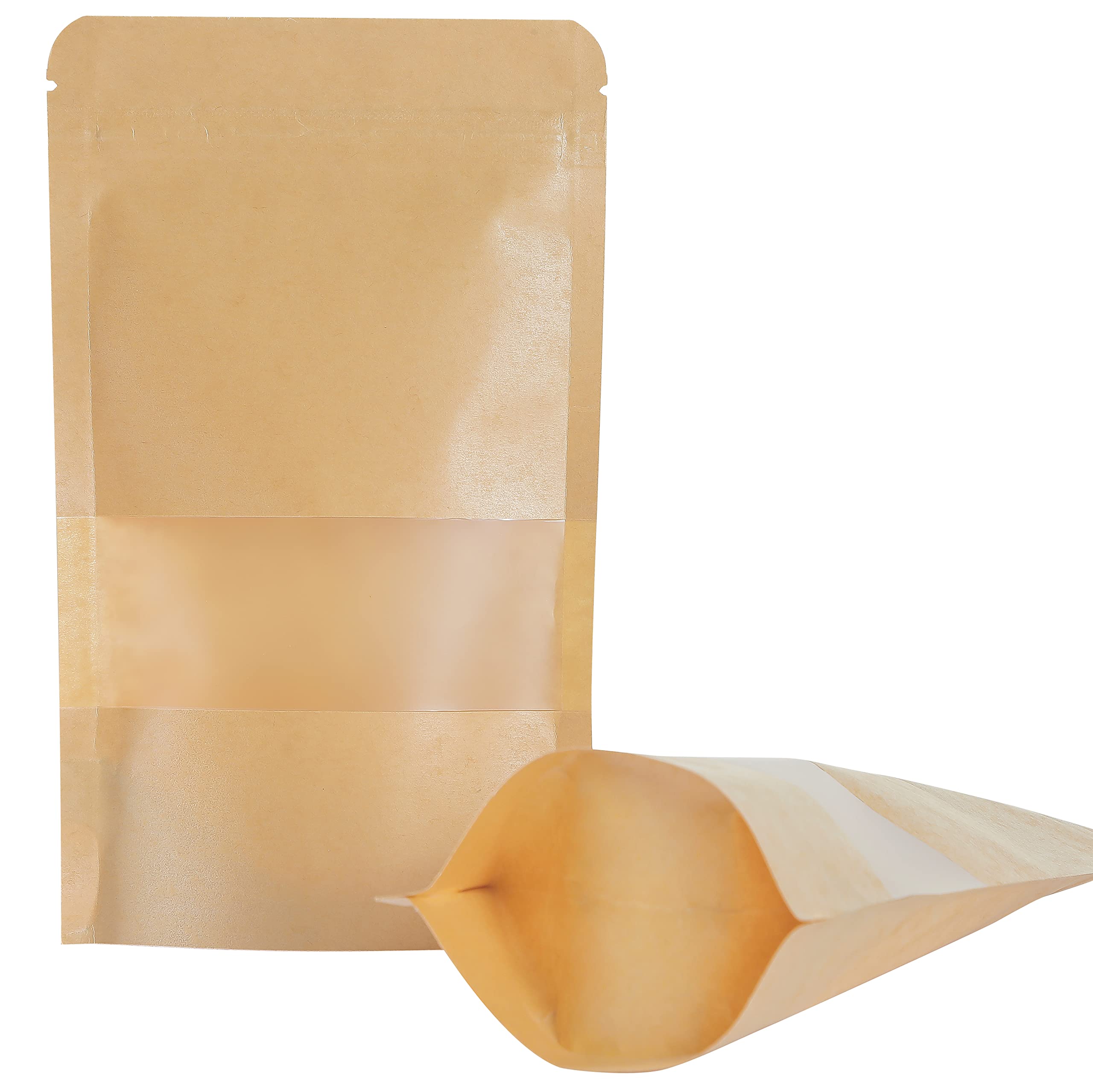 LZLPACKING 100 Pcs Brown Kraft Stand Up Pouches with Resealable Zipper & Window - 5.9×8.6 Inch Coffee Food Storage Bags for Home, Business, Snacks, Tea, Candy, Nuts & Dry Goods Packaging