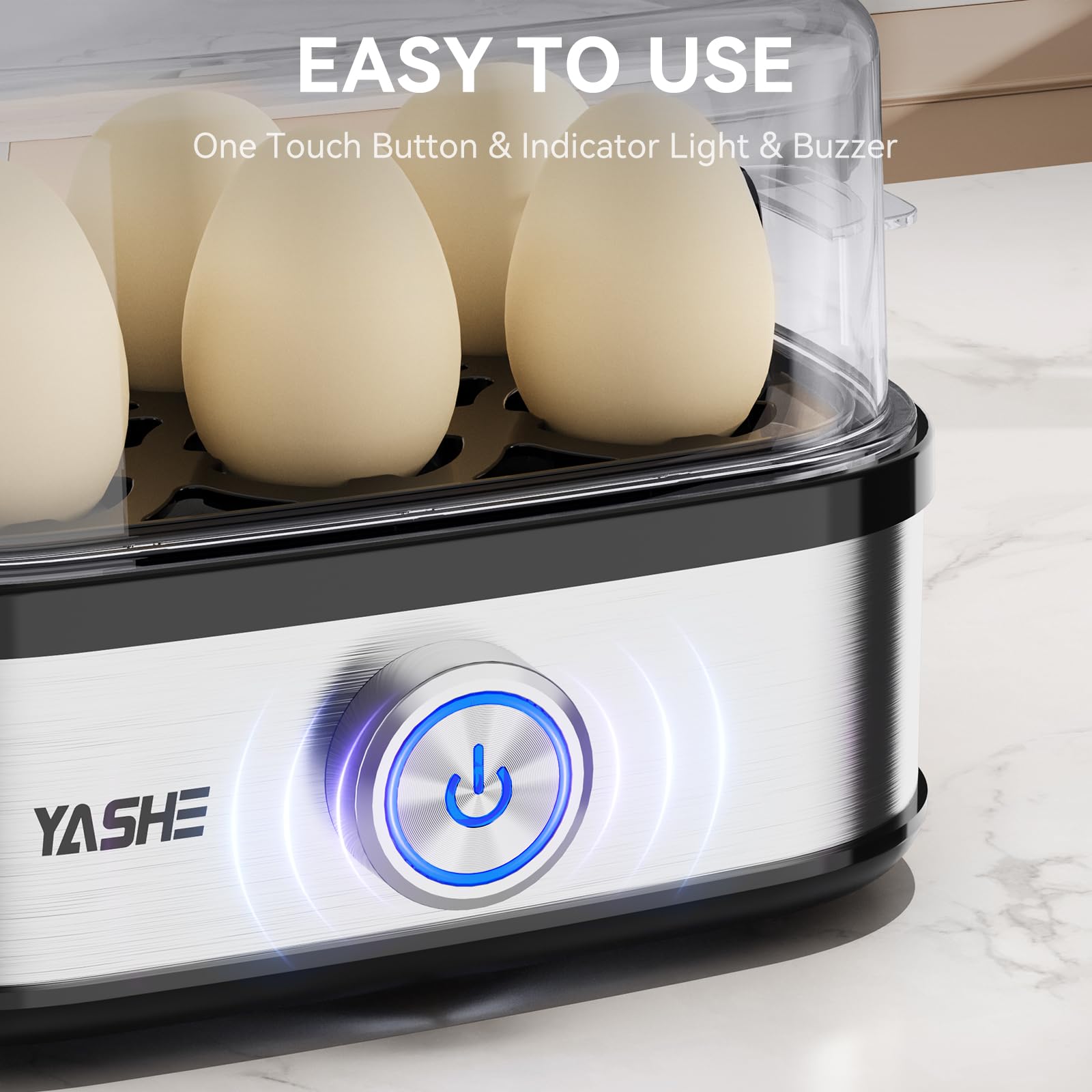 YASHE Rapid Egg Boiler - 400W Compact Electric Egg Cooker for Soft/Medium/Hard Boiled Eggs, Poached Eggs & Omelets | 6-Egg Capacity, Easy Peel, Stainless Steel Steamer with Buzzer & Indicator Light | Perfect for Breakfast, Meal Prep & Healthy Cooking