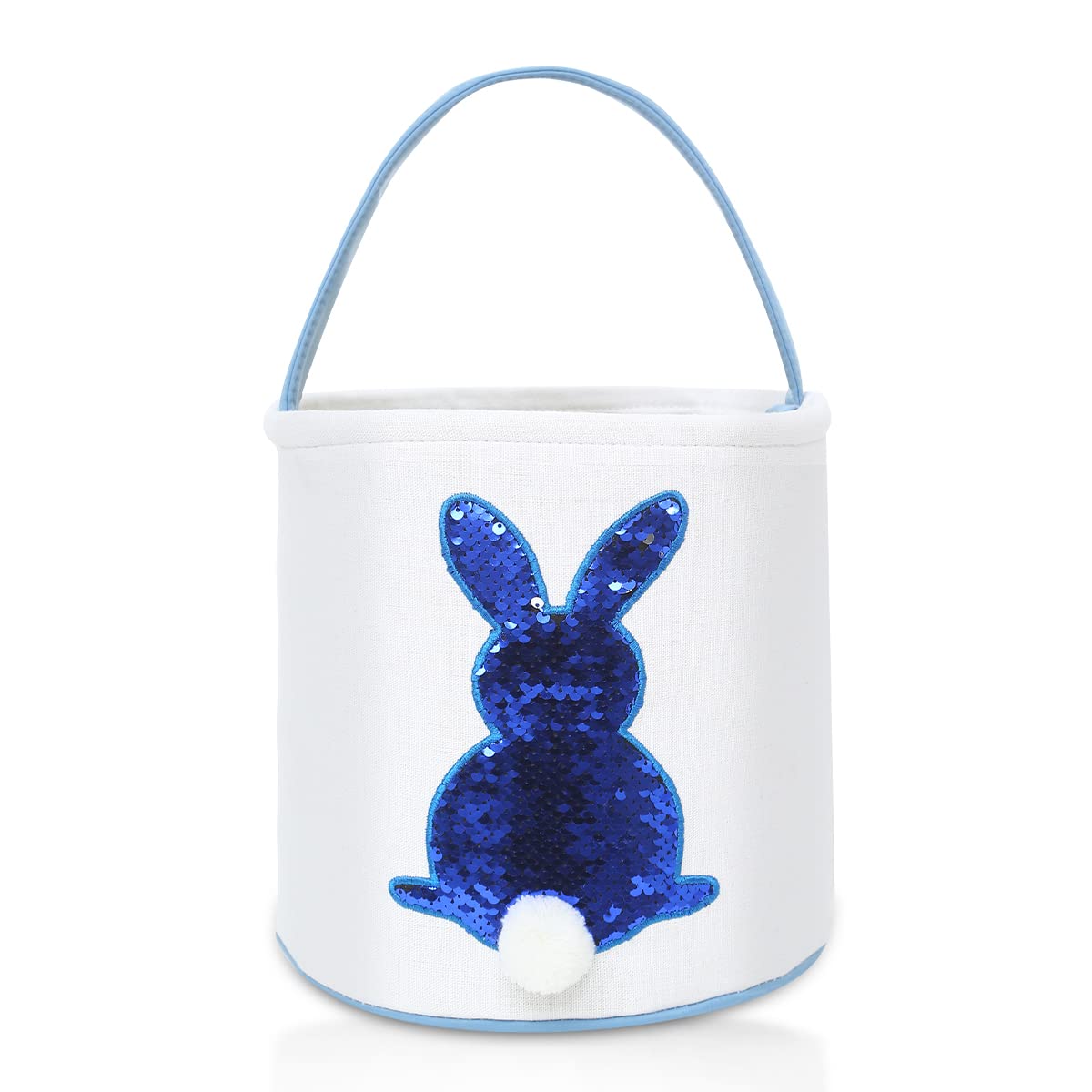 Easter Bunny Basket Bag for Kids - Sequin Rabbit Pattern Egg Hunt Bag with Fluffy Tail - Personalized Canvas Cotton Bucket for Easter Eggs, Candy & Gifts (Blue) - Perfect for Easter Egg Hunts, Party Favors & Spring Celebrations