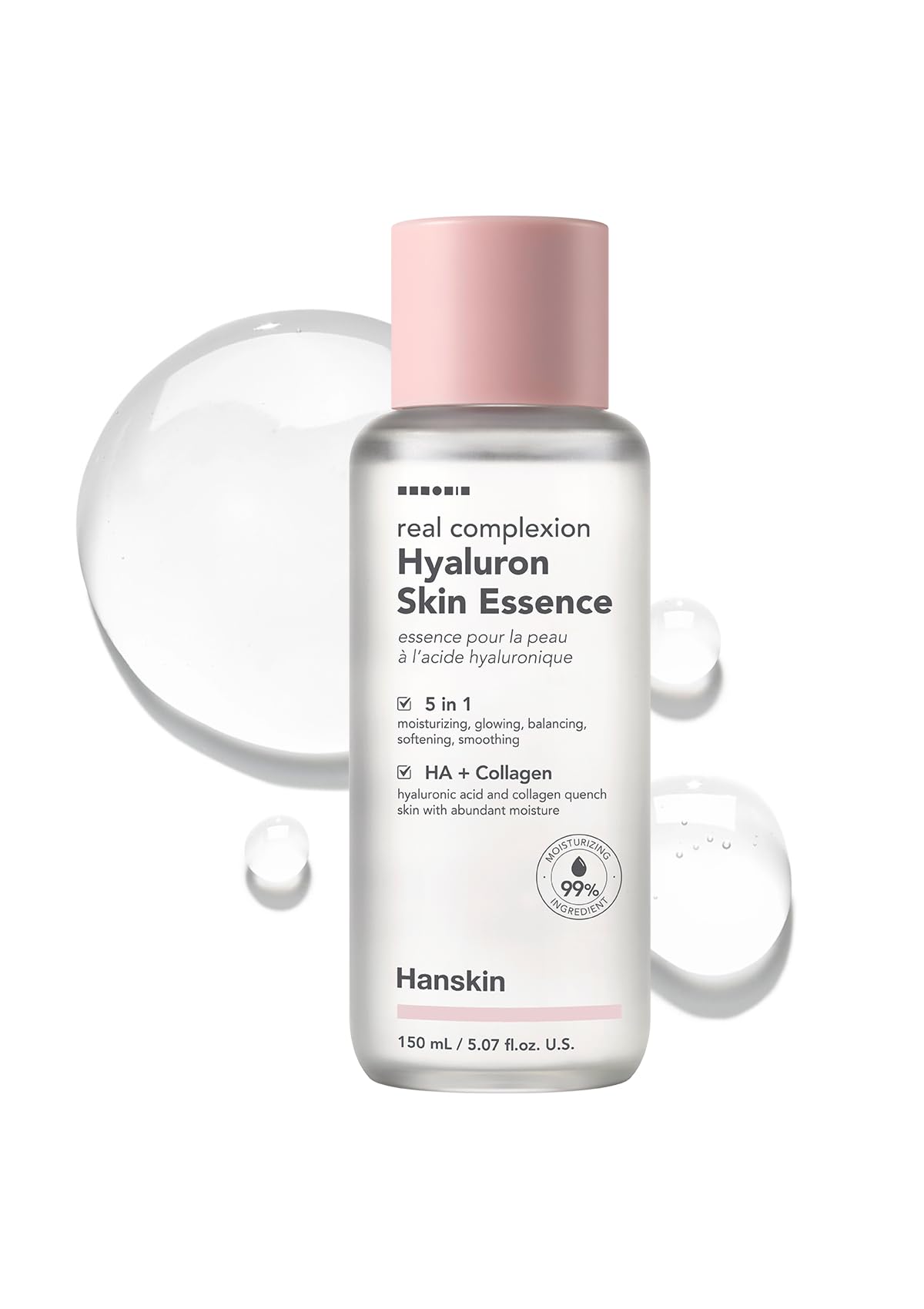 Hanskin Real Complexion Hyaluronic Skin Essence - Hydrating Toner with Hyaluronic Acid & Collagen for Dry, Dull, Sensitive Skin | Korean Skincare for Face | Paraben-Free, Moisturizing & Purifying | 5.07 fl oz | Perfect for Daily Hydration & Skin Barrier Repair