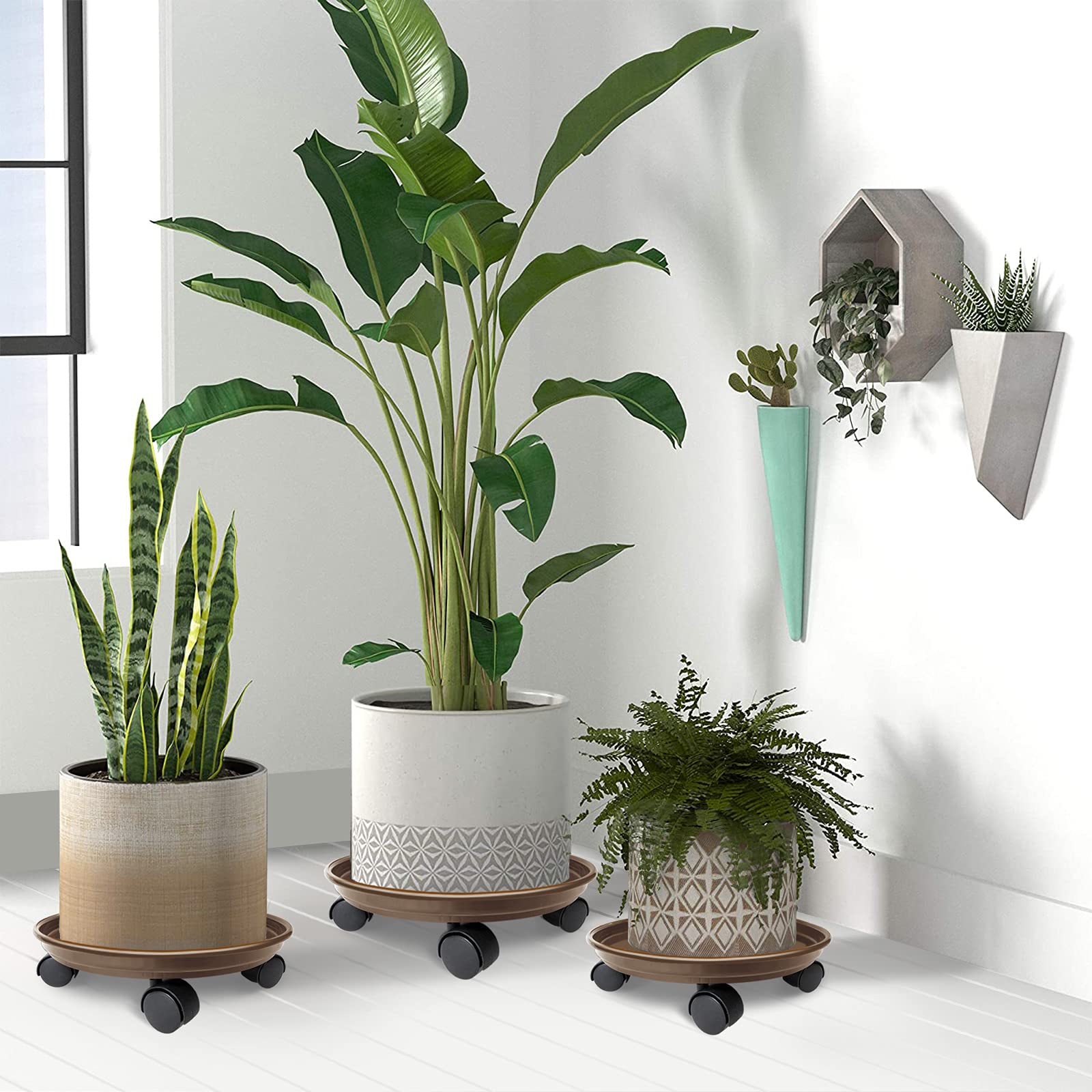 2 Pack 14 Inch Rolling Plant Caddy with 5 Wheels - Heavy Duty Round Flower Pot Mover for Indoor/Outdoor Use - Plant Dolly Trolley for Garden, Patio, Balcony & Home Decor (Brown)
