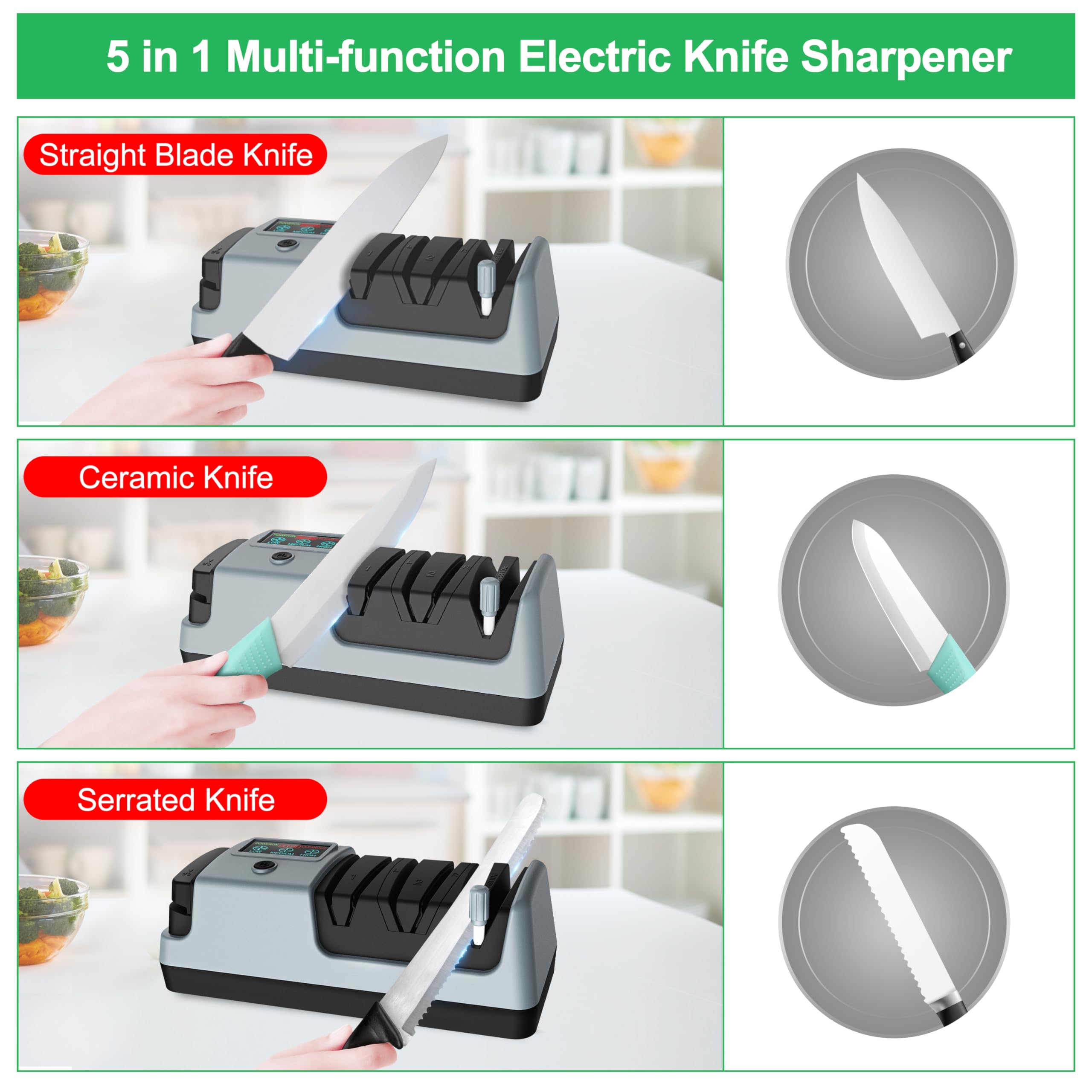 5-in-1 Electric Knife Sharpener with 3 Adjustable Speeds - Professional Knife Sharpening System for Straight, Serrated, Cleaver, Ceramic Knives & Scissors - Perfect for Kitchen, Camping, Hunting & Home Use
