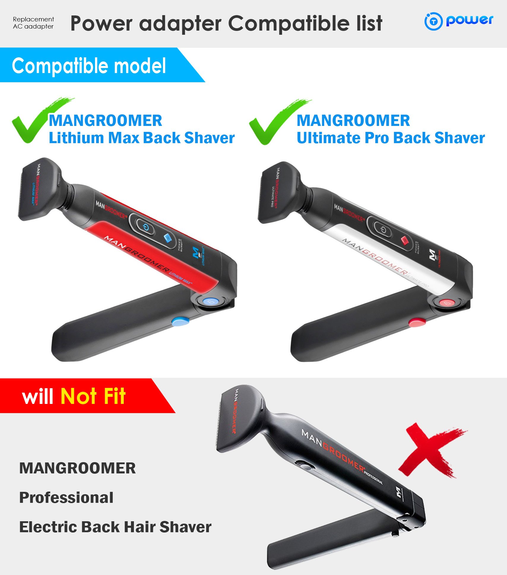 T POWER Replacement Charger for Mangroomer Lithium Max & Ultimate PRO Back Shavers - Compatible with 2 Shock Absorber Flex Heads, Power Hinge & Extreme Reach Handle - Fast Power Burst Charging | Perfect for Travel, Home Use & Gift Giving