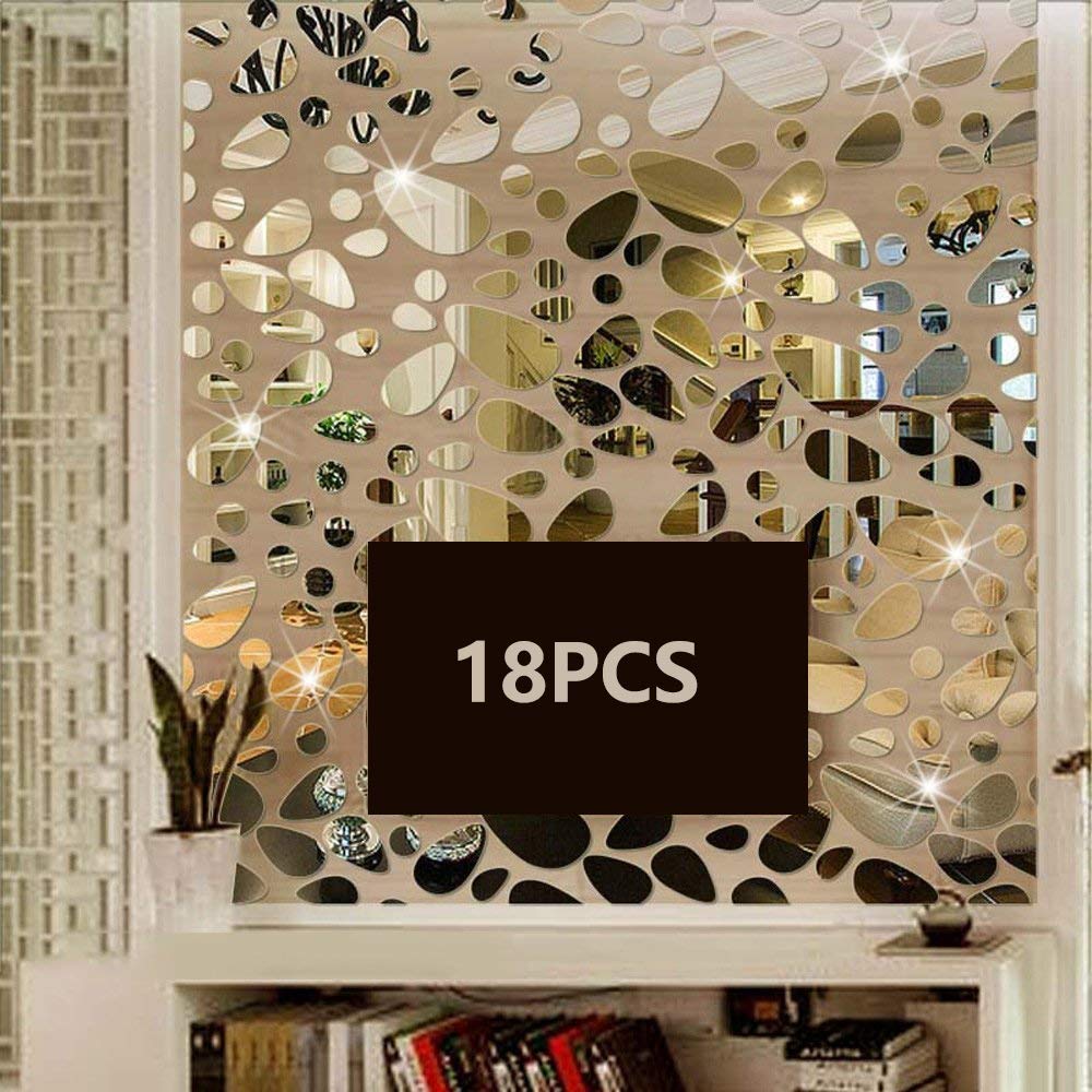 TTSAM 18PCS Silver Mirror Wall Decals - Acrylic Cobblestone Shape Stickers for Home, Bedroom & Office Decor | DIY Peel & Stick Decoration | Perfect for Walls, Furniture & Glass Surfaces