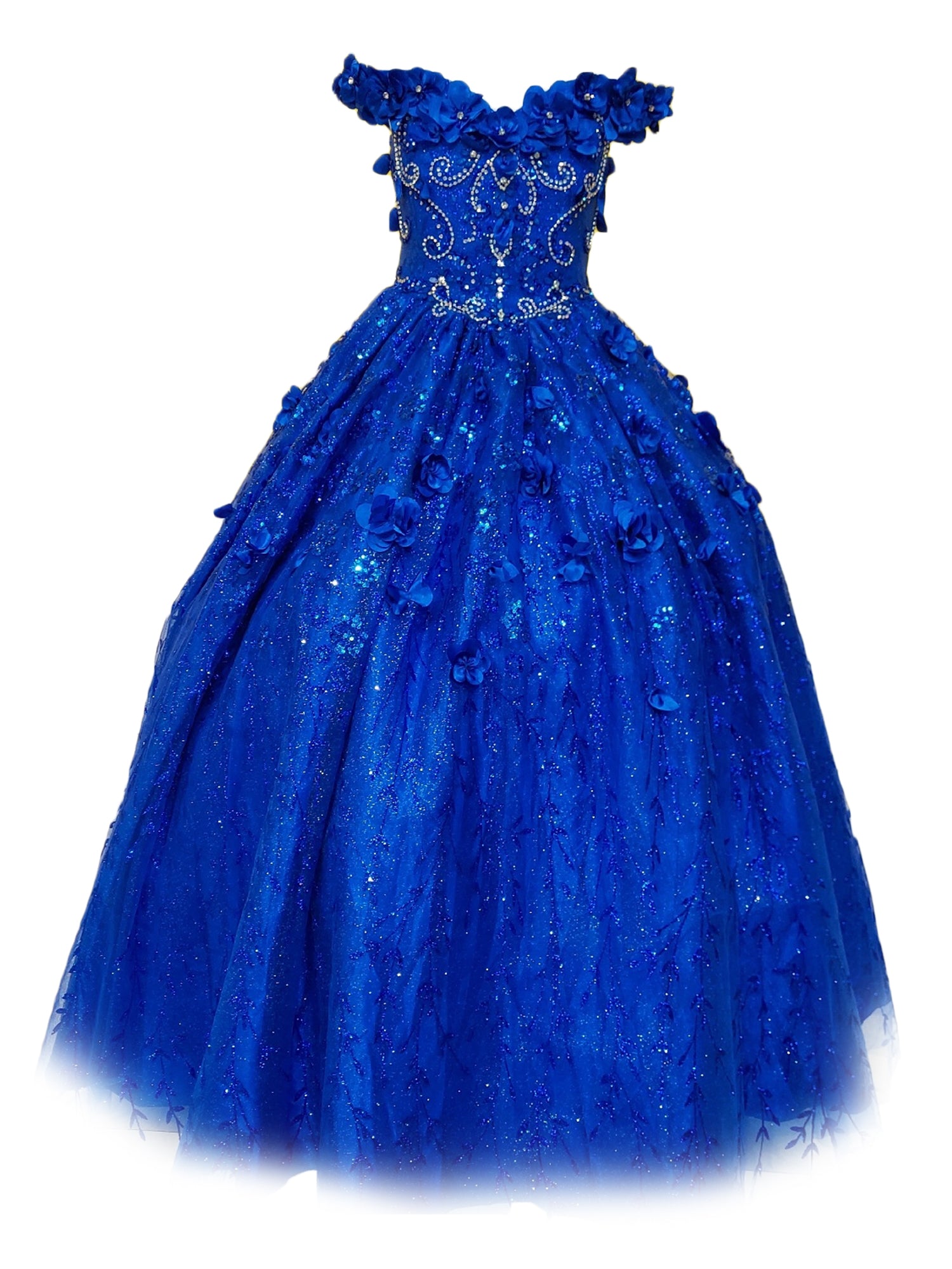 Royal Blue Rhinestone Flower Applique Off-Shoulder Ball Gown for Girls Size 8-16 | Sparkling Prom Dress for Teens, Quinceañera, Pageant & Special Occasions