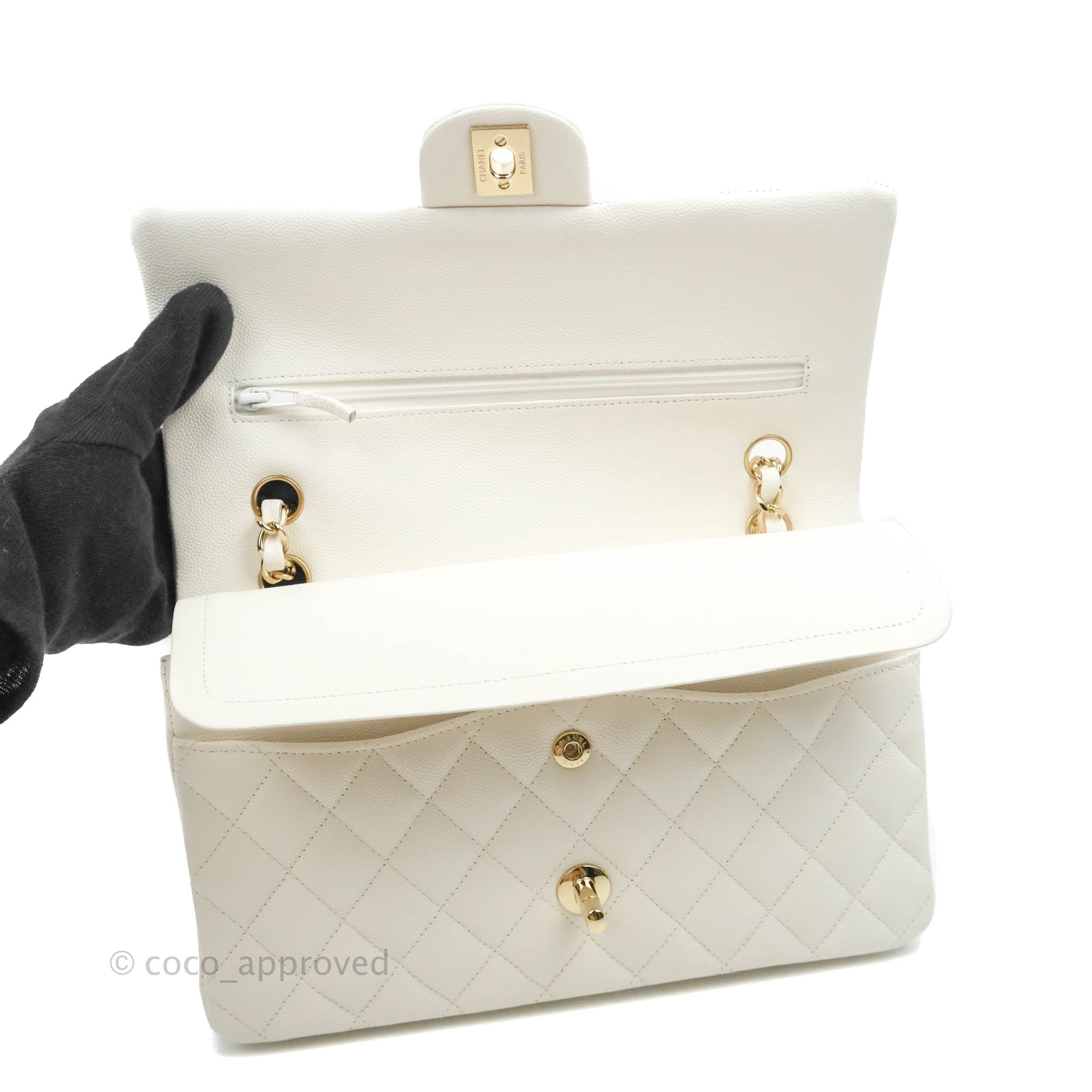 Chanel Classic Medium Double Flap Bag in White Caviar Leather with Gold Hardware - Perfect for Luxury Everyday Wear & Special Occasions