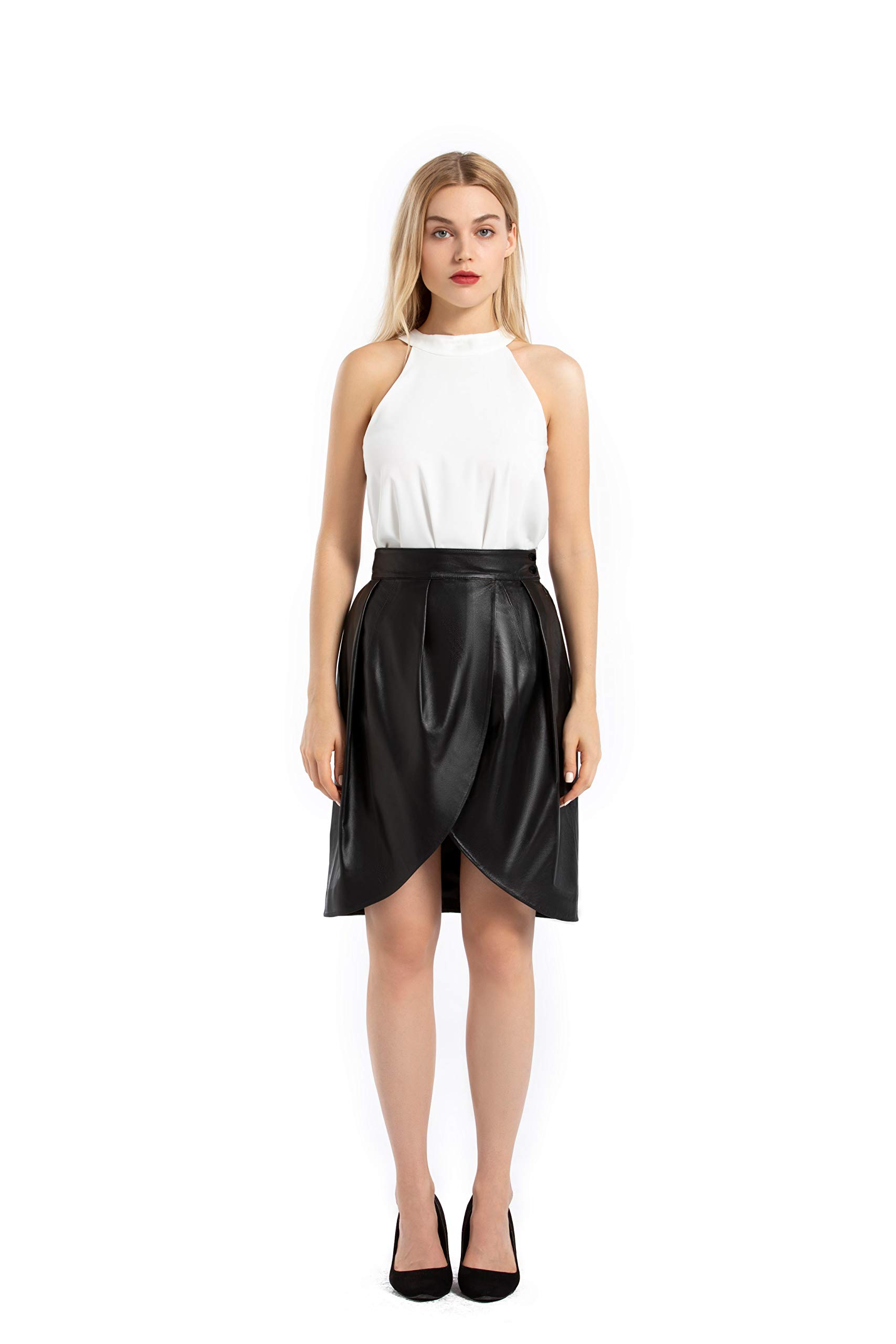 Women's Black High Waisted Leather Wrap Midi Skirt with Slit - SmartUniverseWear | Perfect for Office Wear, Date Nights & Fall Fashion
