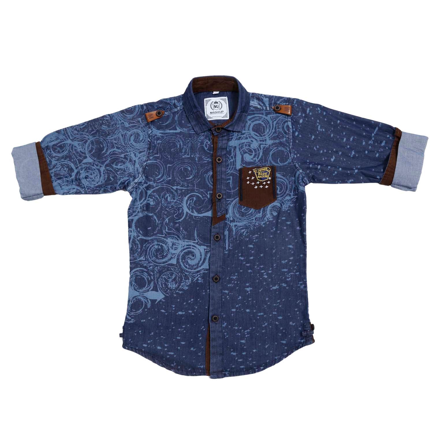 Trendy Mashup Wave Print Denim Shirt for Men & Women - Stylish Casual Button-Up Top for Streetwear, Music Festivals & Everyday Outfits