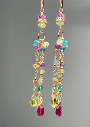 Multi Gemstone Gold Fill Long Dangle Earrings with Peridot, Citrine & Rubellite - Elegant Statement Jewelry for Parties, Weddings & Special Occasions