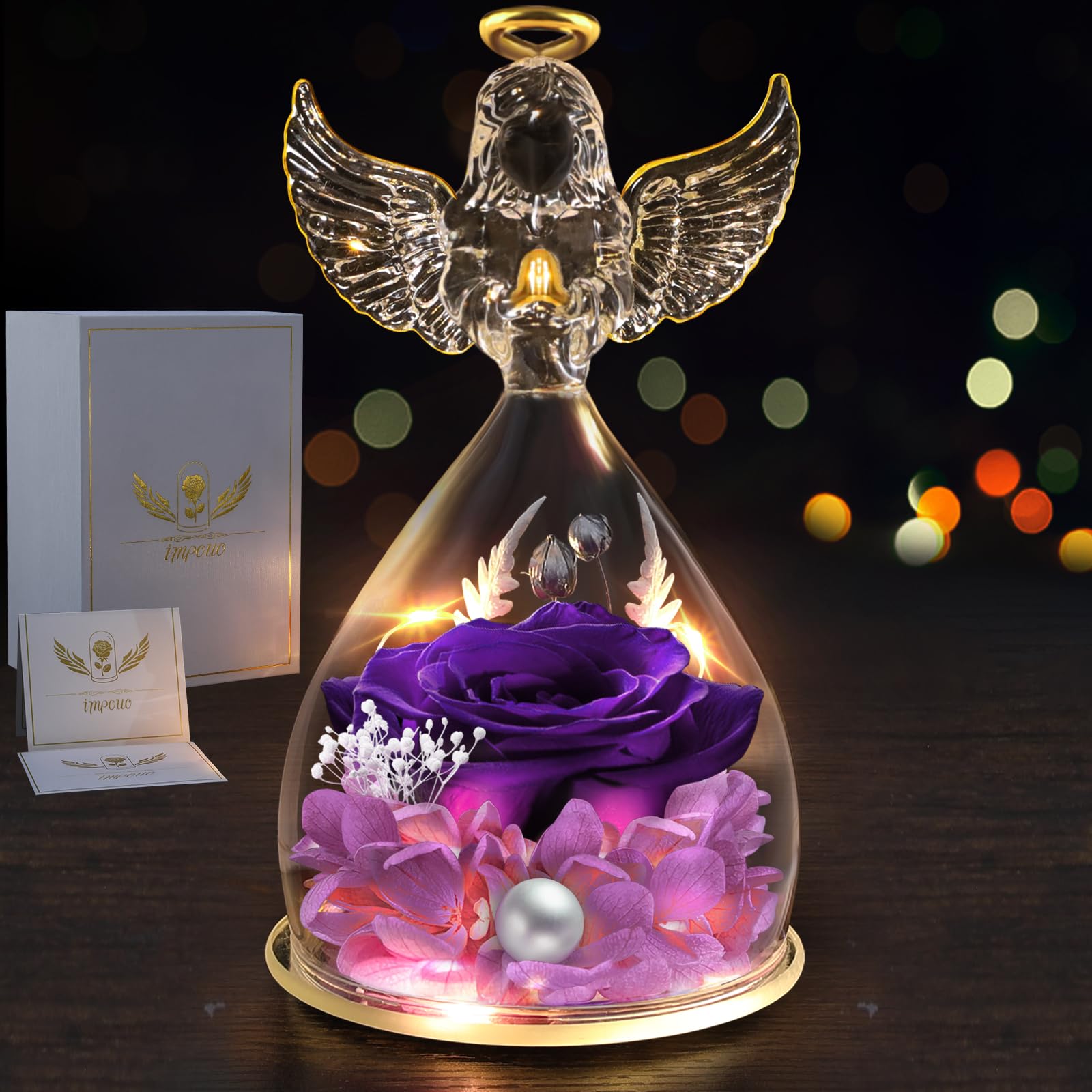 Angel Gifts for Women - Preserved Rose Flower in Glass Angel Figurine with LED Light, Perfect Mother's Day, Christmas, Thanksgiving & Valentine's Day Gift for Grandma, Mom & Wife - Romantic Home Decor & Thoughtful Present