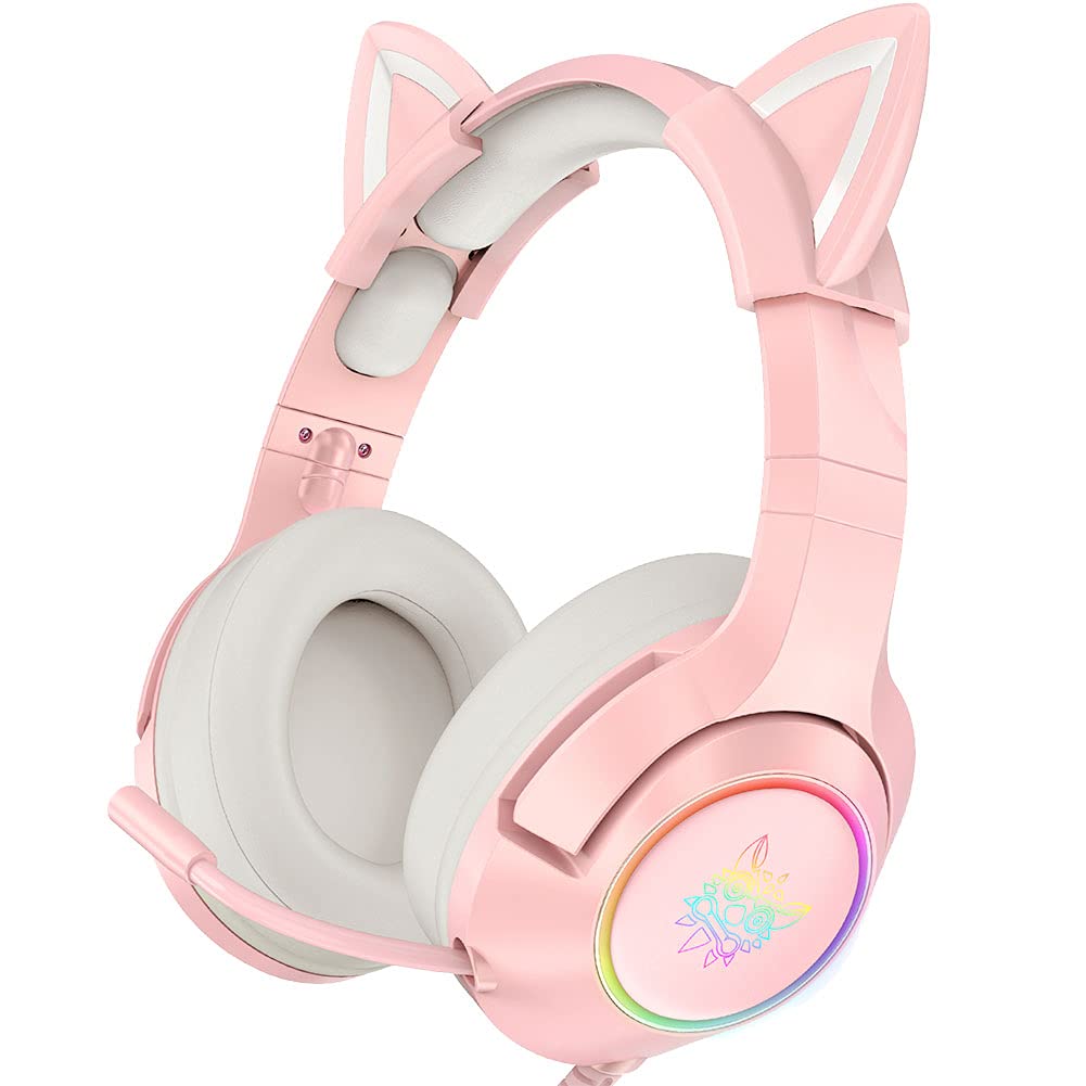 KASIQI Pink Gaming Headset with Cat Ears - RGB LED Light Wired Headphones with Microphone for PC, Laptop, PS4, Switch | Cute Gamer Headset for Girls | Perfect for Streaming, Gaming & Online Classes