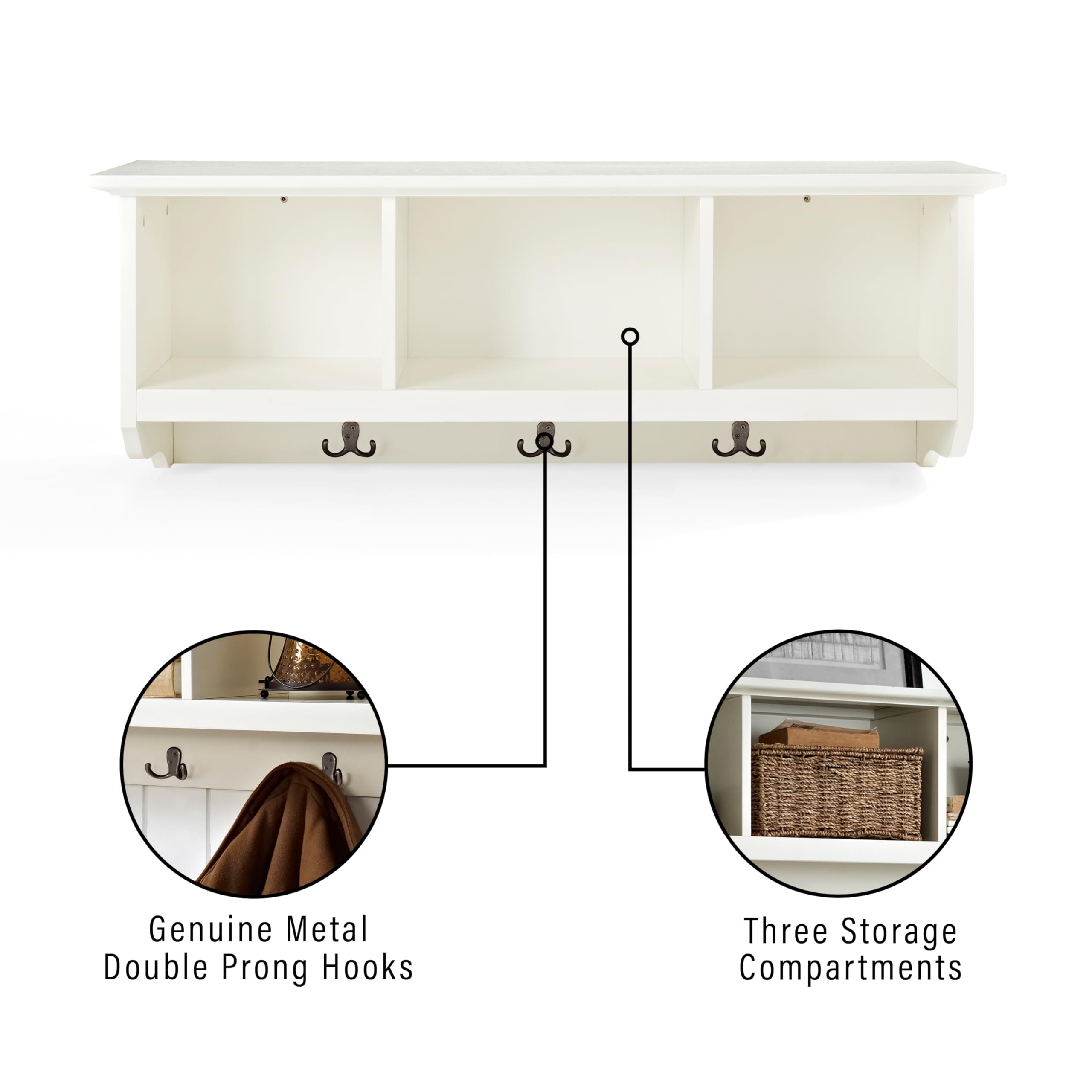 Crosley Furniture Brennan Entryway Storage Wall Shelf with Coat Rack Hooks - White | Hallway Organizer for Jackets, Hats & Bags | Perfect for Small Spaces & Apartment Entryways