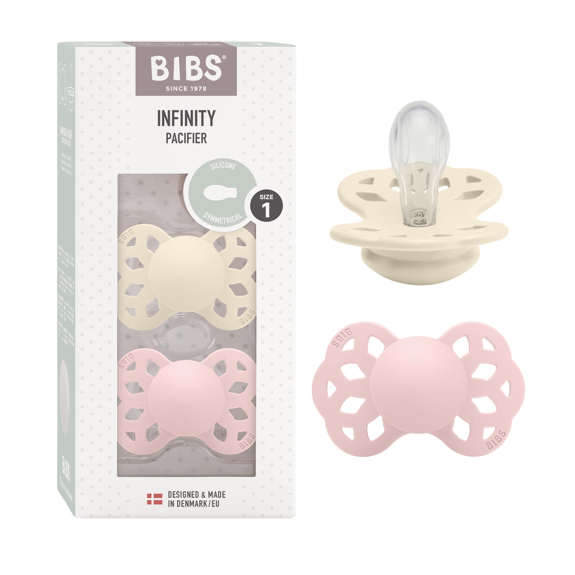 BIBS Infinity Symmetrical Pacifier 2-Pack, BPA-Free, Symmetrical Nipple, Silicone Baby Soother, Made in Denmark, Size 1 (0-6 Months), Ivory/Blossom – Perfect for Newborns & Infants, Daytime Comfort & Nighttime Soothing