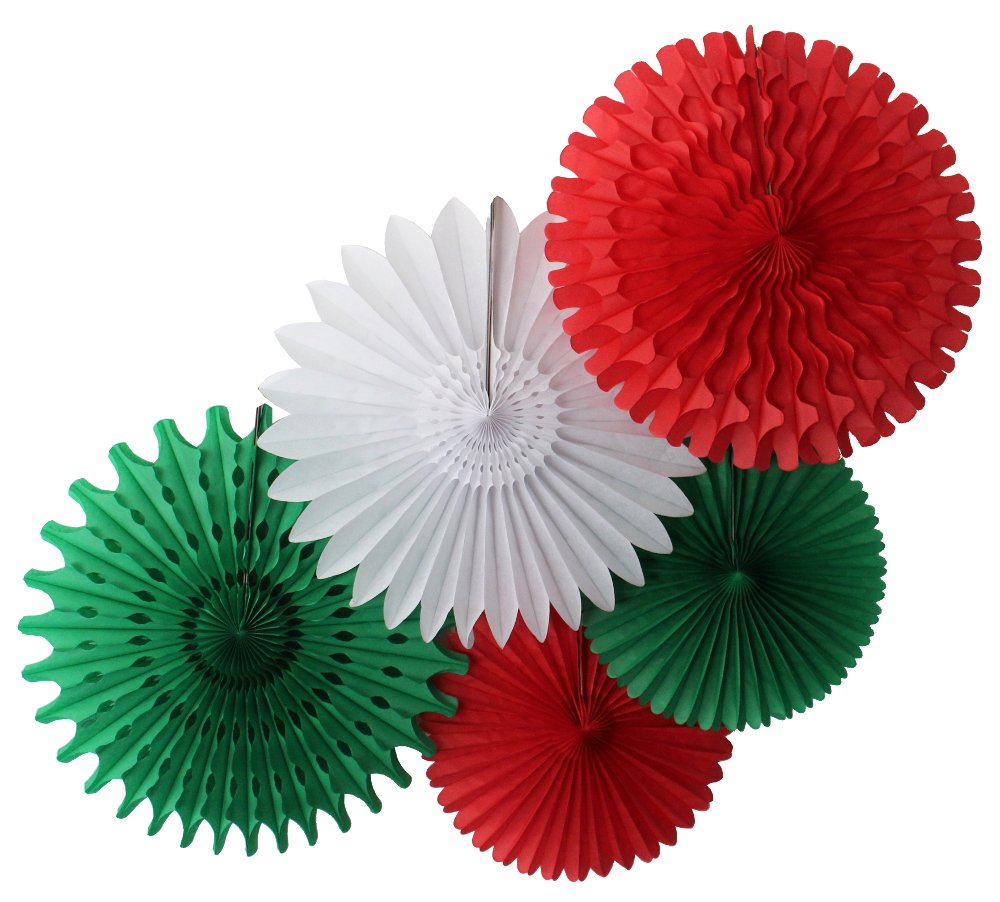 5-Piece Decorative Tissue Paper Fans - Red, White, Green for Party Decorations, Wedding, Baby Shower & Home Decor