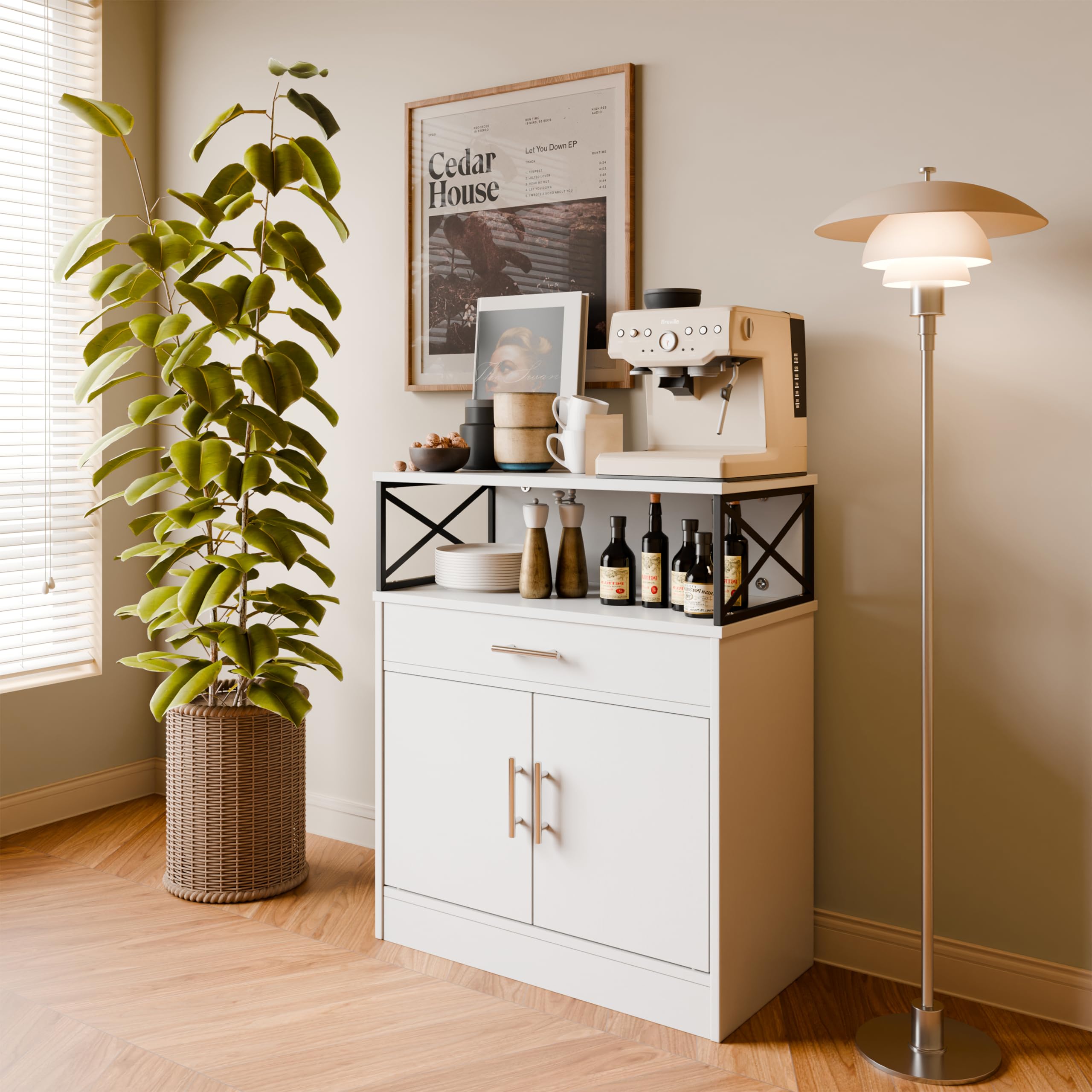 SUNLEI White Farmhouse Kitchen Buffet Cabinet with 2 Doors, 1 Drawer & Adjustable Shelves - Storage Sideboard for Dining Room, Living Room & Laundry - Perfect for Coffee Bar Setup & Home Organization