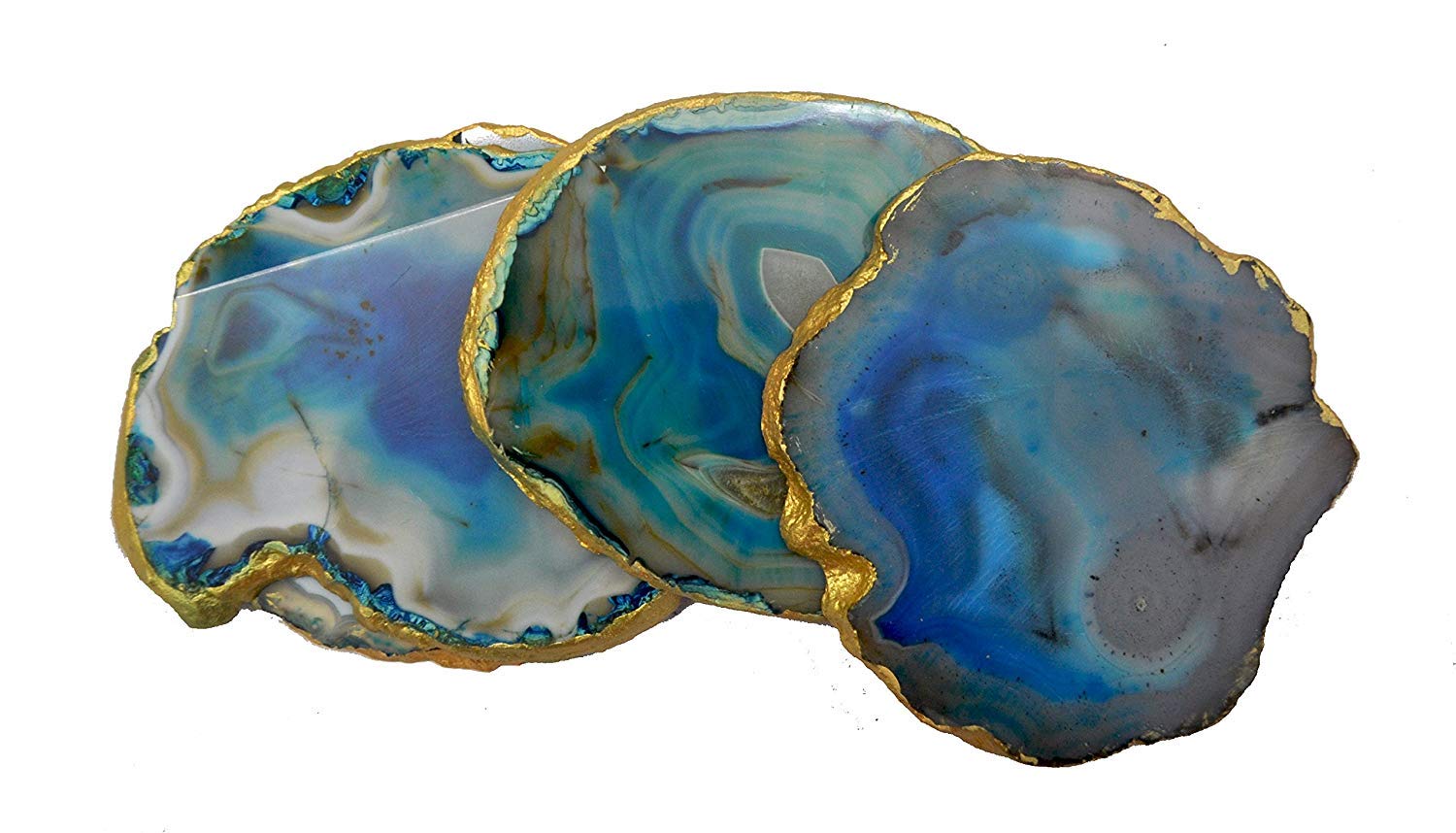 Premium Blue Agate Coasters Set of 4 with Gold Trim - Natural Stone Drink Coasters for Bar, Coffee, Tea & Home Decor - Elegant Tableware & Gift Idea for Housewarming, Wedding & Hostess Gifts