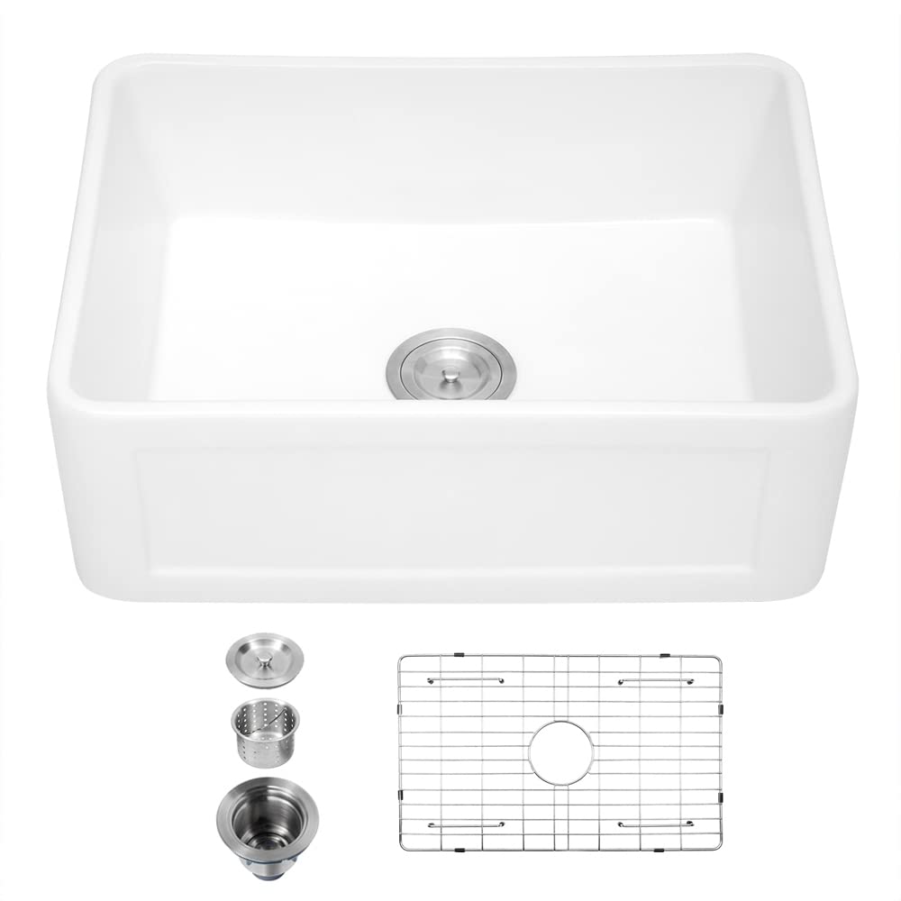 Lordear 24 Inch White Farmhouse Kitchen Sink - Fireclay Porcelain Ceramic Single Bowl Apron-Front Reversible Design for Small Spaces | Perfect for Compact Kitchens, Laundry Rooms & Cozy Farmhouse Decor