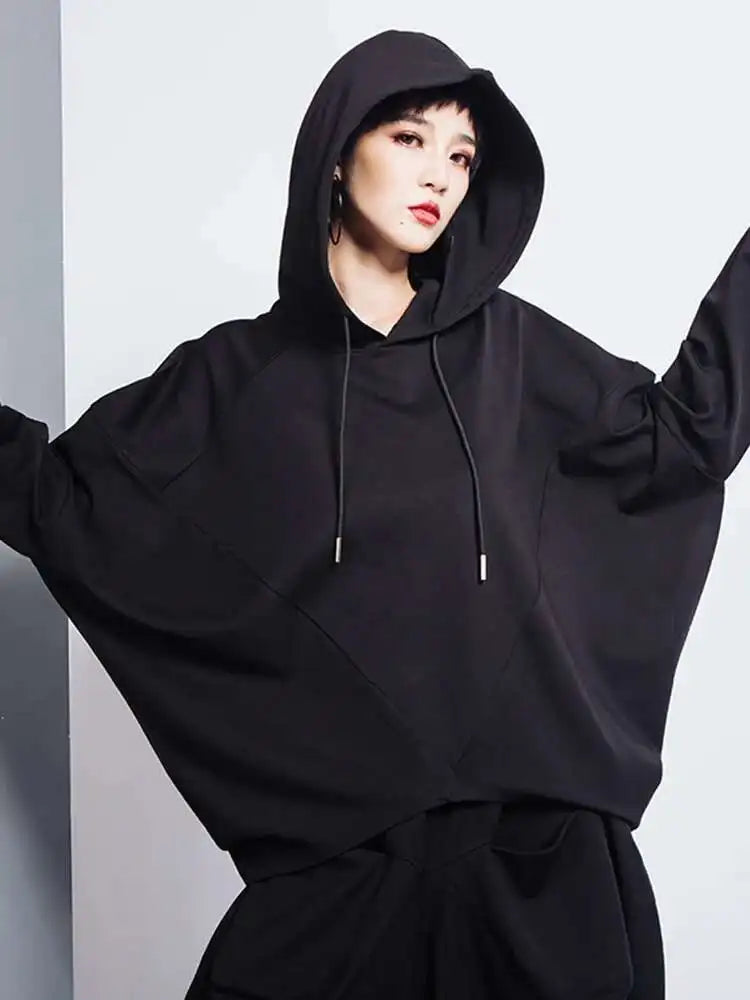 Black Asymmetrical Hem Hooded Sweatshirt for Women - Oversized Long Sleeve Pullover | Trendy Spring & Fall Fashion 2025 | Casual Wear, Street Style, Lounge Outfits