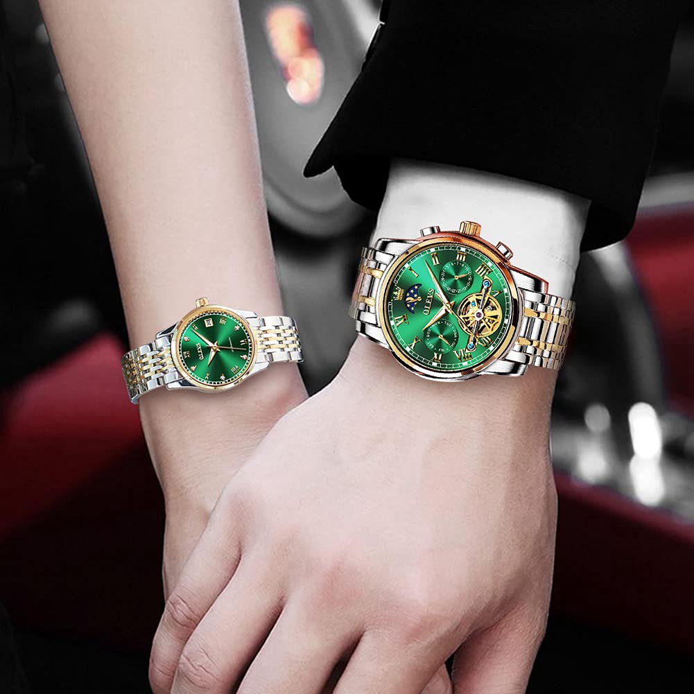 OLEVS Automatic Couple Watches for Men & Women - His and Hers Matching Set, Self-Winding Mechanical Tourbillon Dress Watch with Day Date Calendar, Big Face Two-Tone Wristwatch | Perfect Anniversary Gift, Wedding Present & Romantic Couples Accessory
