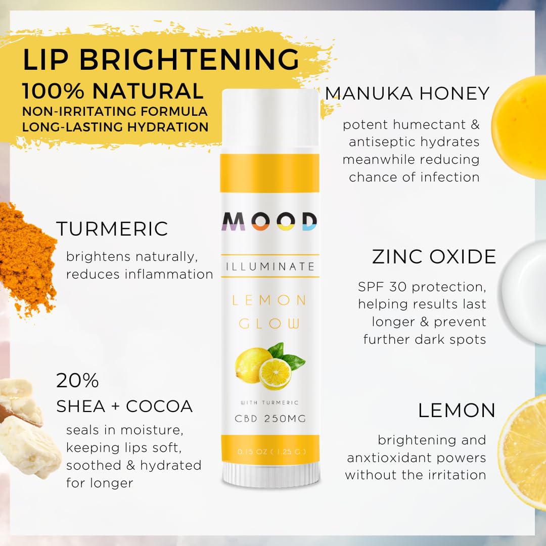 MOOD Brightening Lip Balm SPF 30 with Manuka Honey | 20% Cocoa Butter & Shea Butter | Sun Protection & Healing for Dry, Chapped Lips | Lemon Turmeric Flavor | Perfect for Outdoor Activities, Travel & Daily Hydration
