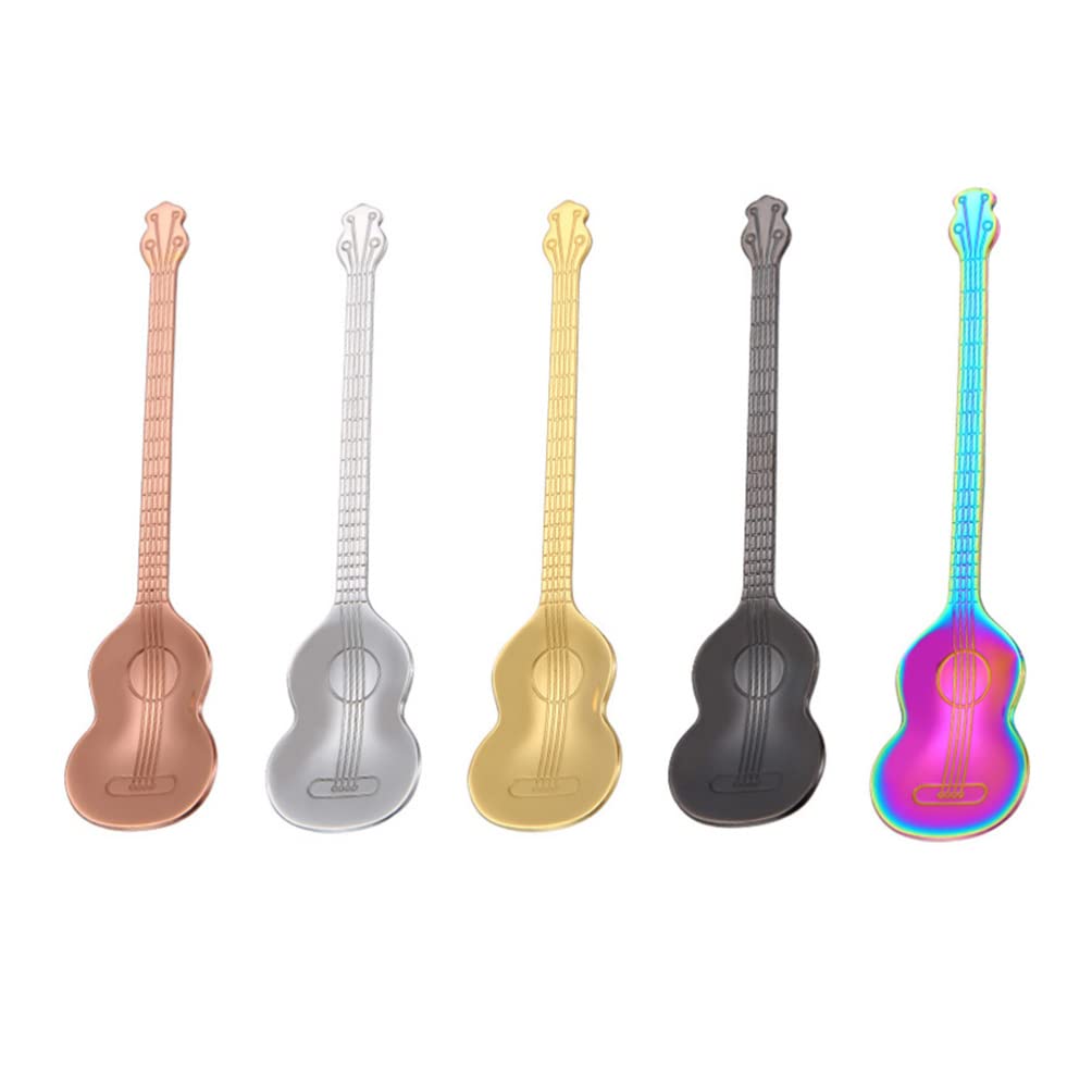 EXCEART 5-Piece Stainless Steel Coffee Spoons with Guitar Shape - Elegant Ice Cream & Dessert Spoons for Home Kitchen, Kids, Parties & Coffee Shops