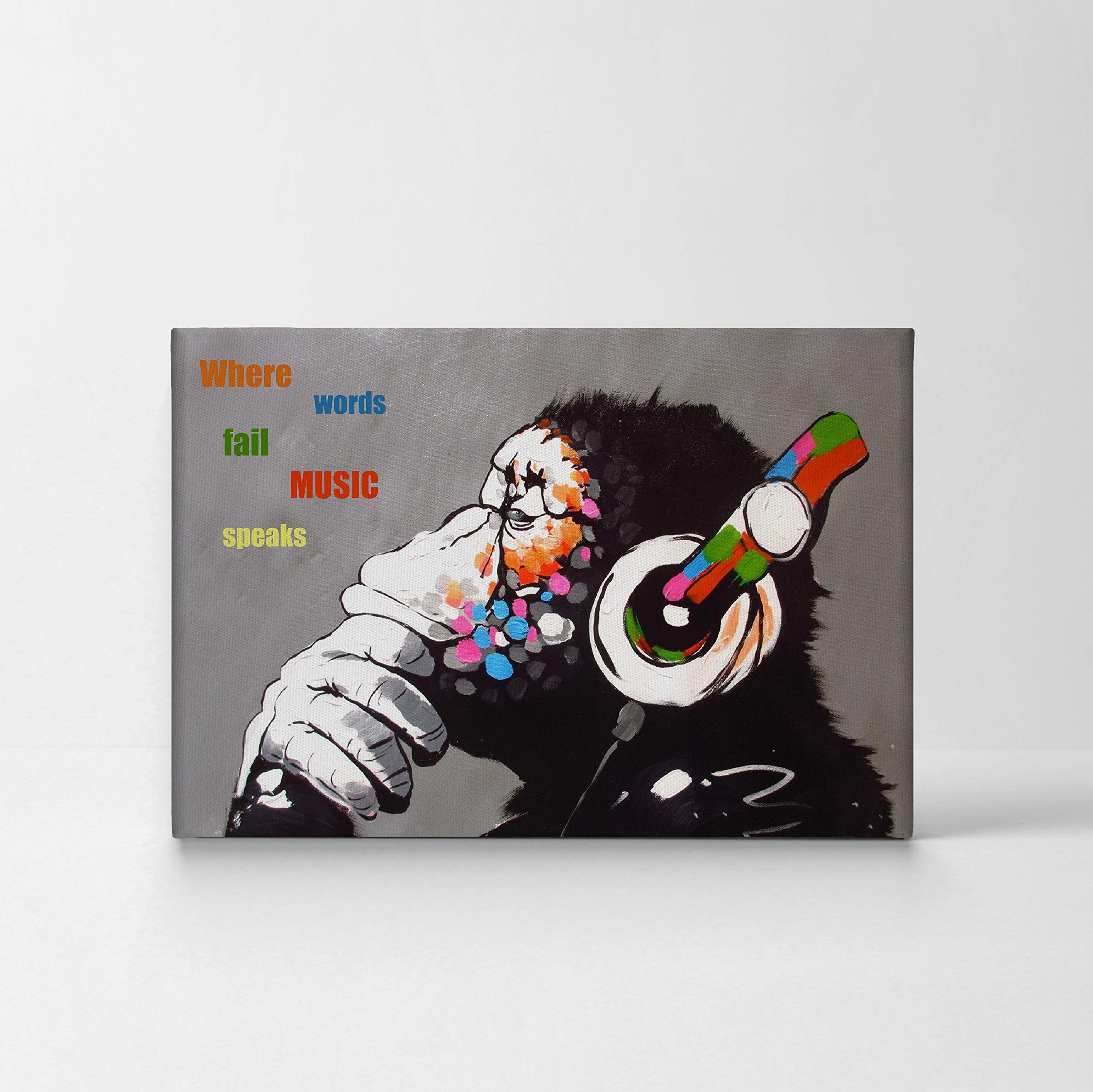 Banksy Wall Art Canvas Print - Gorilla 'Where Words Fail Music Speaks' Quote Oil Painting | Handmade in USA | 24x36 Inches | Ready to Hang Home Decor | Perfect for Living Room, Bedroom & Office Wall Art