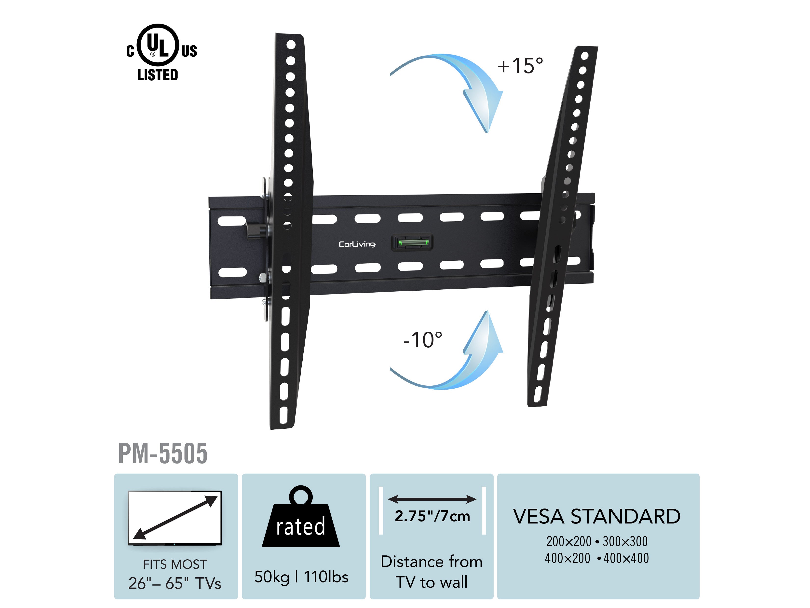 Tilting TV Wall Mount Bracket for 26-65 Inch Flat Screen TVs - Adjustable Tilt Angle for Living Room, Bedroom & Home Theater Installation