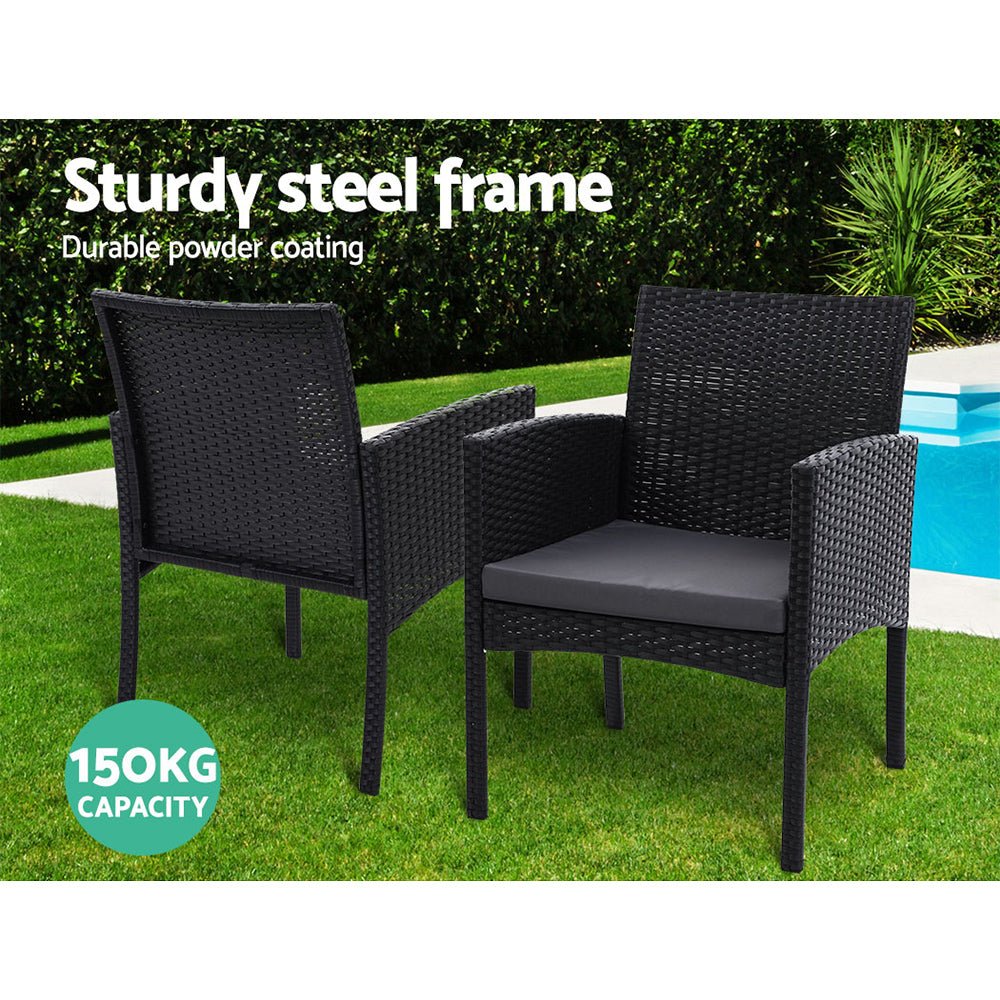 3-Piece Bistro Set Outdoor Patio Furniture - Rattan Table with 2 Chairs & Cushions for Garden, Balcony, Backyard Dining & Relaxation