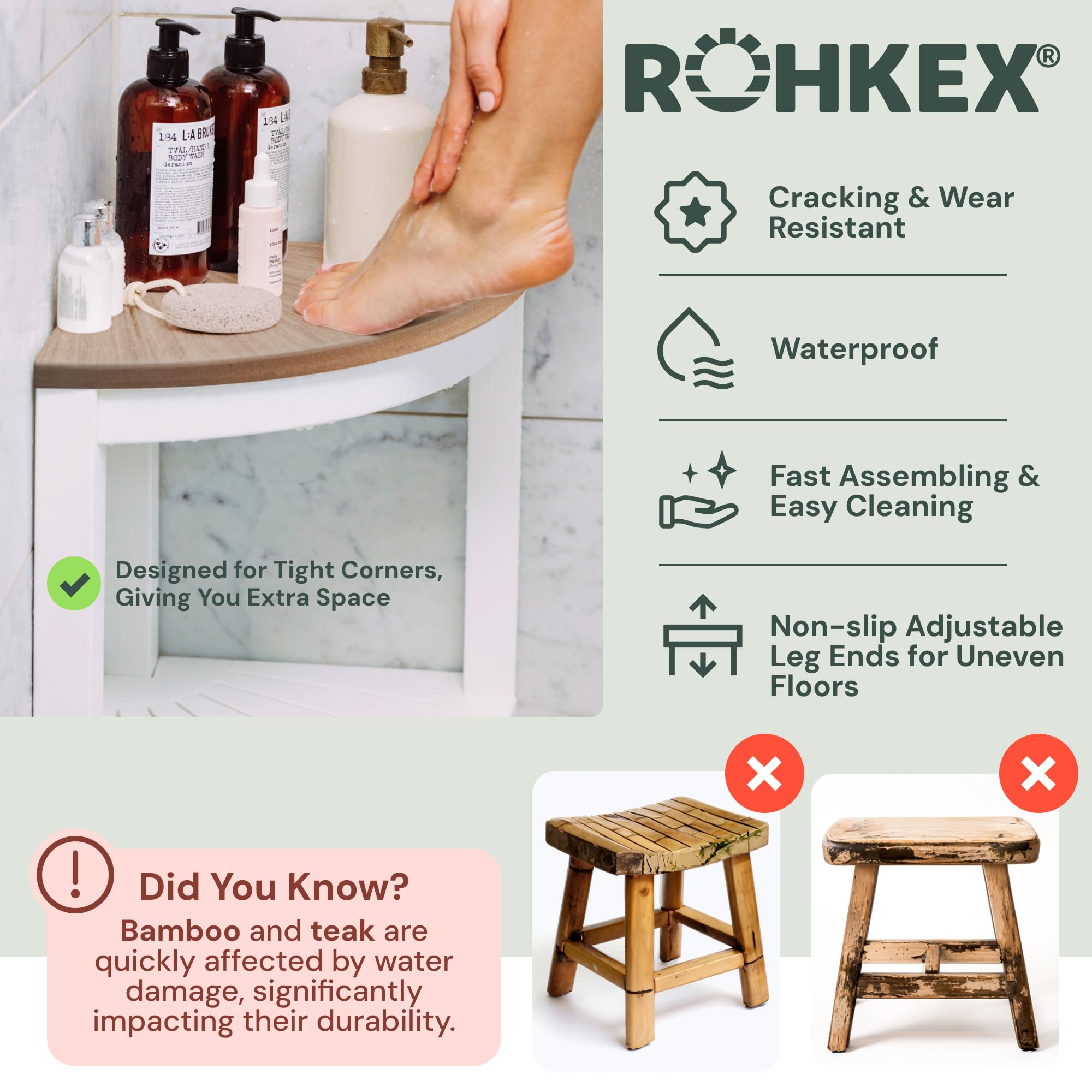 Waterproof Corner Shower Stool - White & Brown Shower Bench for Elderly & Disabled - Non-Slip Bath Seat with Storage Shelf - Easy Assembly Bathroom Organizer for Shaving Legs & Relaxing