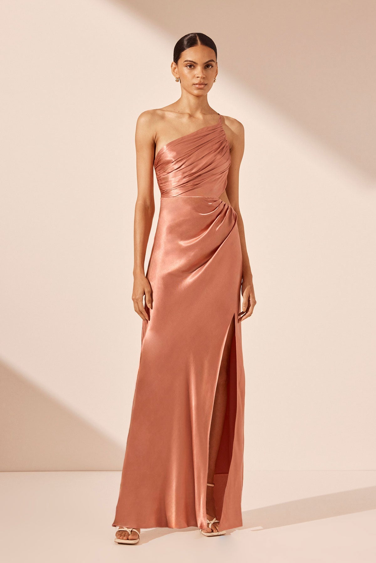 LA LUNE Asymmetrical Gathered Maxi Dress in Antique Rose - Elegant Flowy Long Dress for Weddings, Parties & Special Occasions