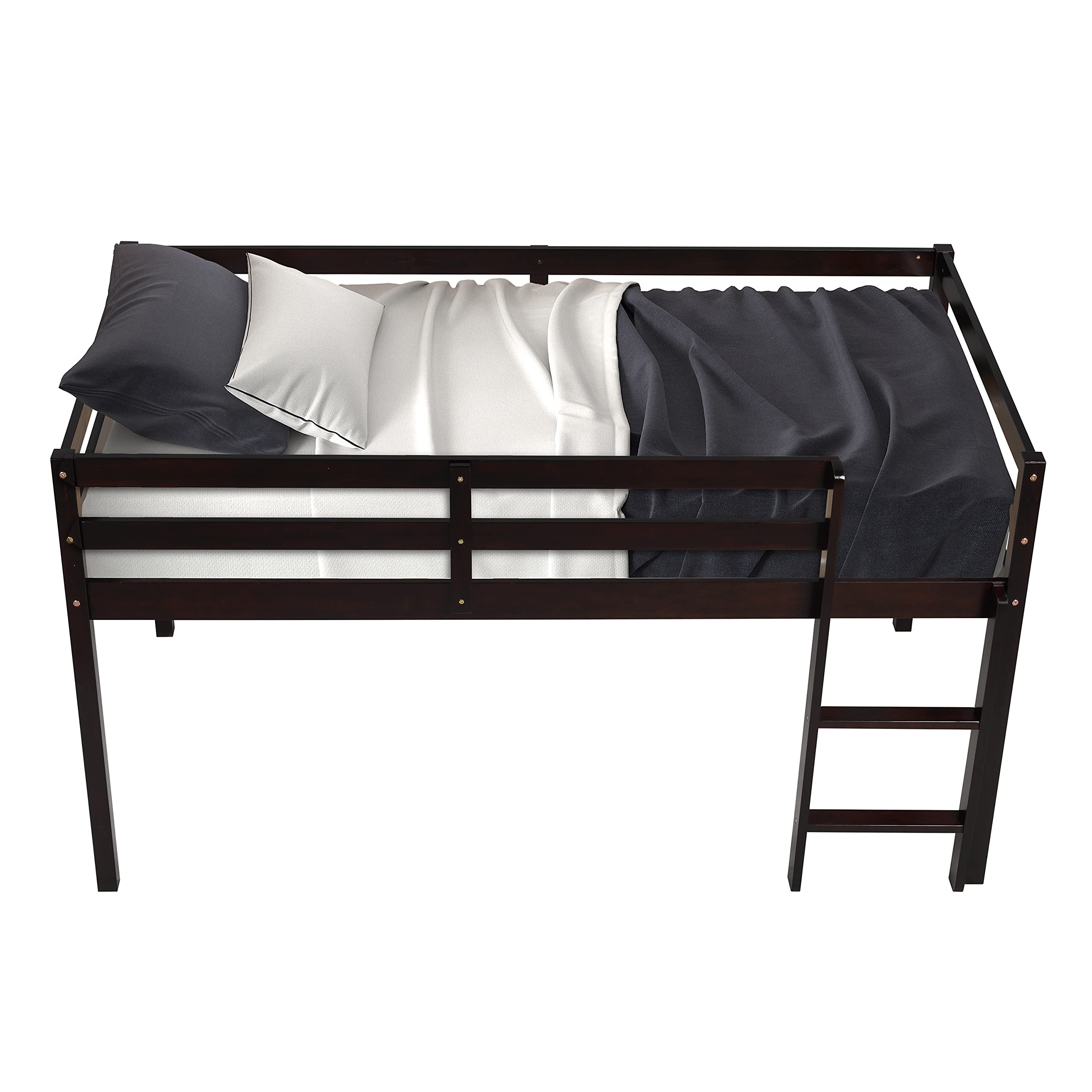 Twin Size Wood Loft Bed with Ladder - Low Bunk Bed for Teens, Kids, Boys & Girls - Sturdy Espresso Bedroom Furniture - Perfect for Small Spaces, Dorm Rooms & Shared Kids' Bedrooms