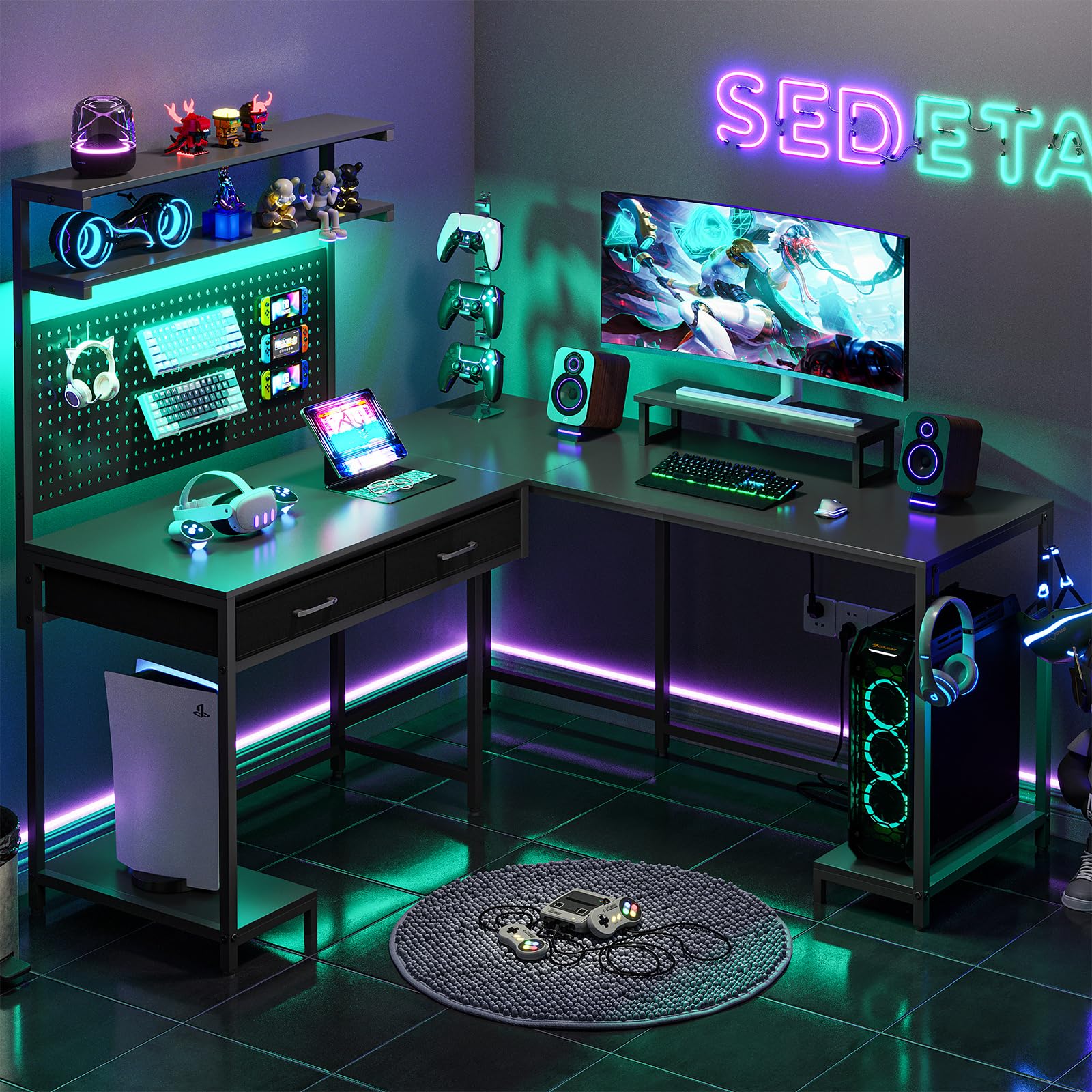SEDETA L-Shaped Gaming Desk with LED Lights, Pegboard & Drawers - Ergonomic Computer Desk with Monitor Stand, Storage Shelves & Hutch - Black Corner Desk for Home Office, Streaming & PC Gaming Setup