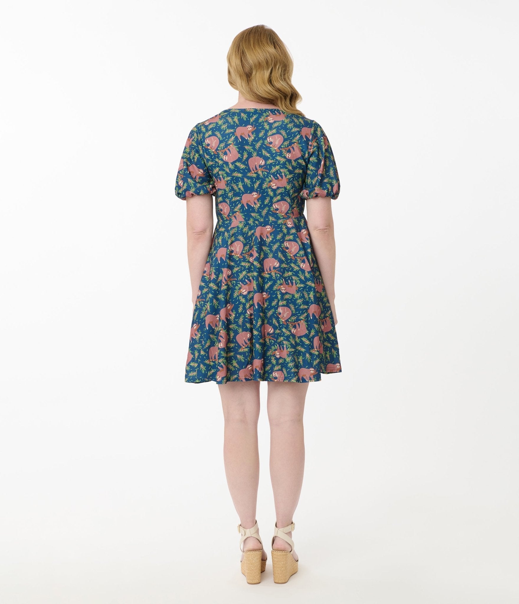 Vintage Blue Summer Sloth Print Fit & Flare Dress - Women's Retro A-Line Sundress for Beach Vacation, Garden Party & Casual Outings
