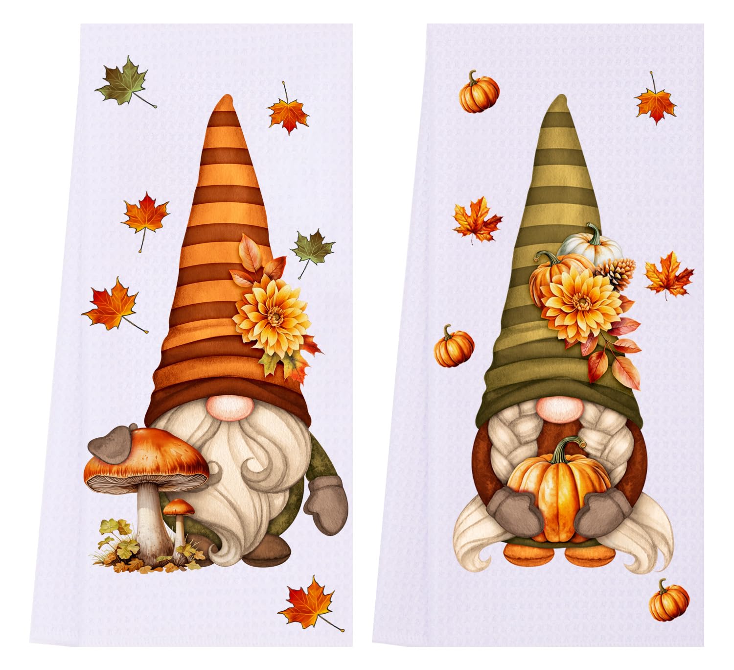 LXOMILL Fall Gnomes Kitchen Towels Set of 2 - Maple Leaf & Pumpkin Print Absorbent Dish Cloths - Cute Gnome Autumn Decor for Thanksgiving & Halloween - Perfect for Holiday Cooking, Baking & Home Decor