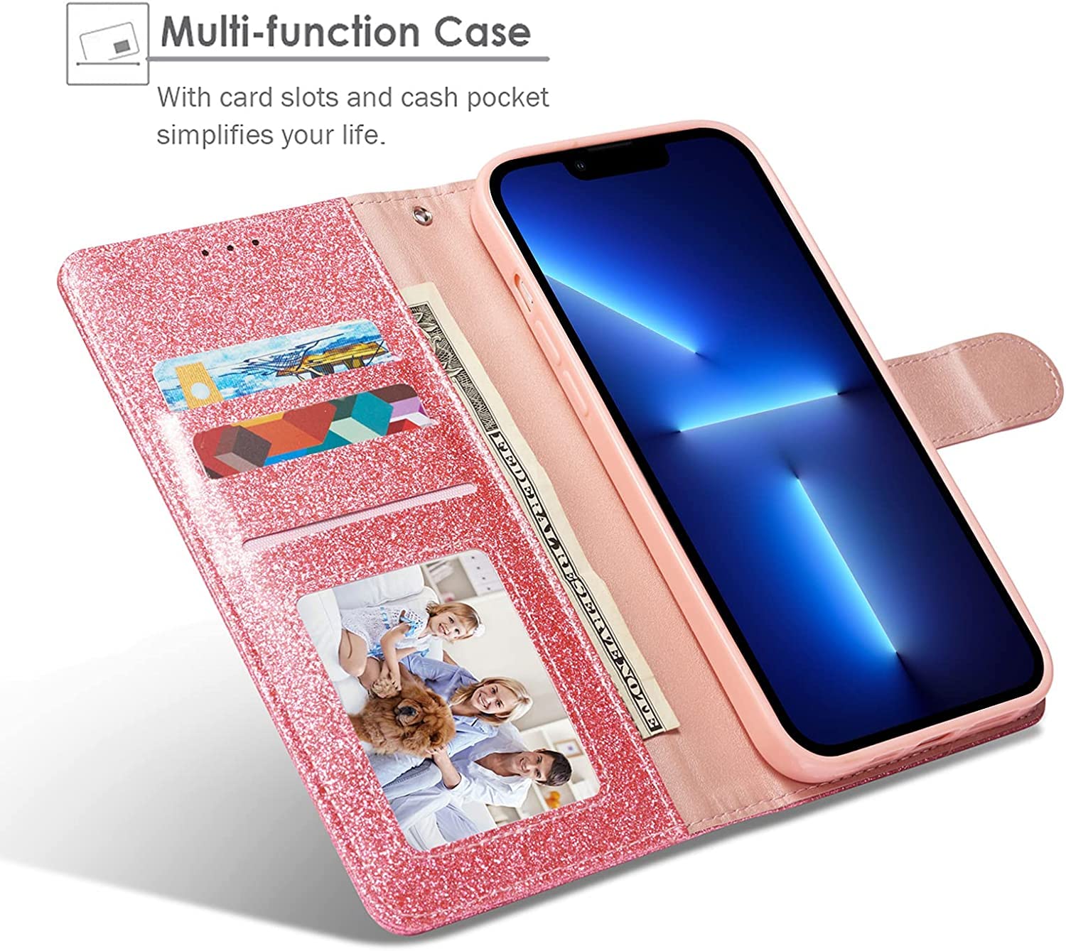 MOBISTAR iPhone 14 Plus Case 6.7 Inch - Glitter Bling Flip Wallet Cover with Card Holder & Kickstand | Shiny Protective Phone Case for Women (Pink) | Perfect for Parties, Shopping & Everyday Use